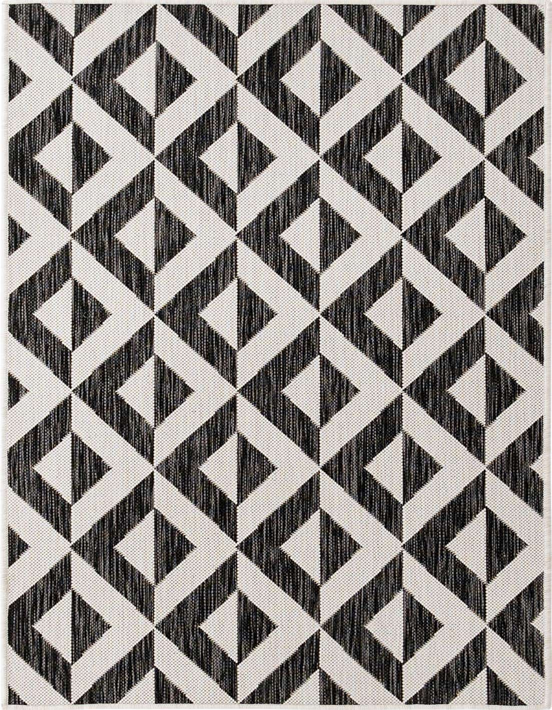 A 3x5 rectangular black and white geometric flatweave rug with a modern trellis pattern, suitable for indoor or outdoor use.