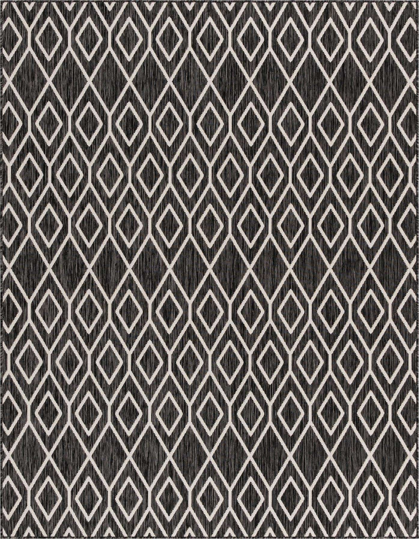 A 7x10 rectangular black and white rug with a modern geometric trellis pattern, suitable for indoor or outdoor use.