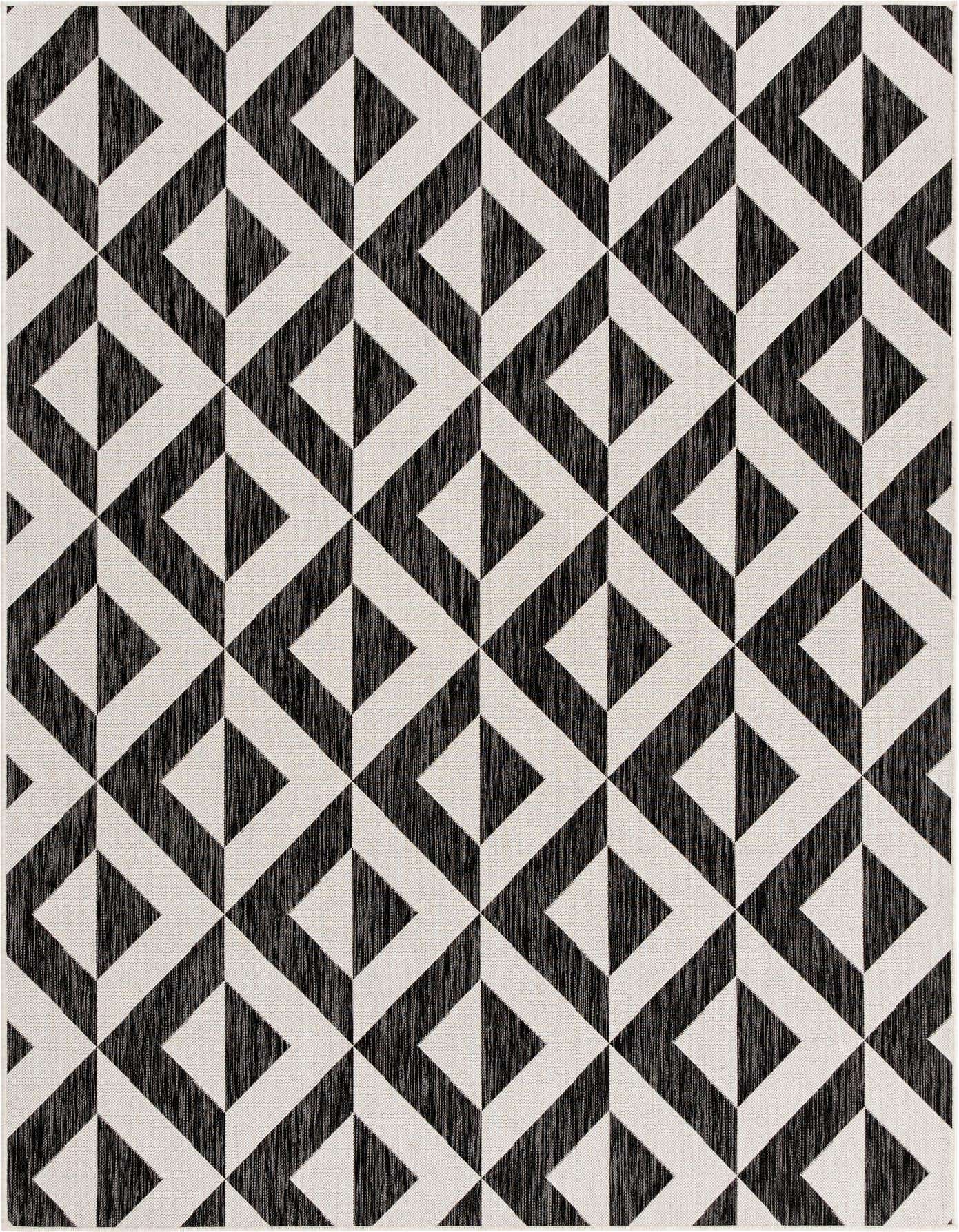 A 7x10 rectangular black and white geometric area rug with a modern trellis pattern, suitable for indoor or outdoor use.