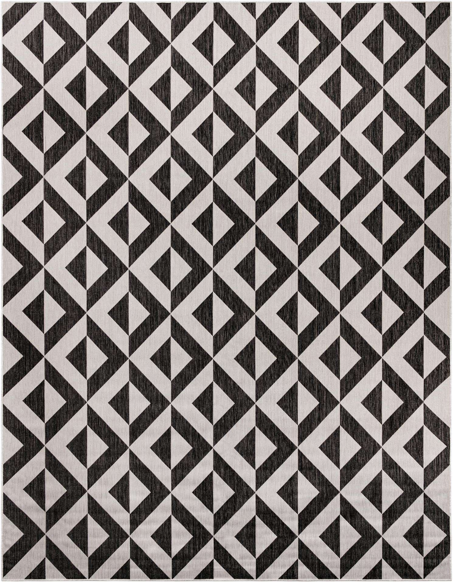A 10x13 rectangular black and gray geometric rug with a bold trellis pattern, suitable for indoor or outdoor use.