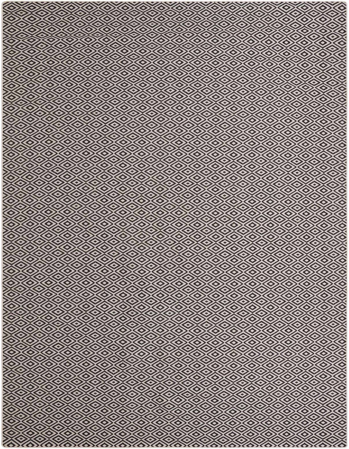 A black and off-white rectangular flatweave rug with a modern trellis diamond pattern, suitable for indoor or outdoor use.