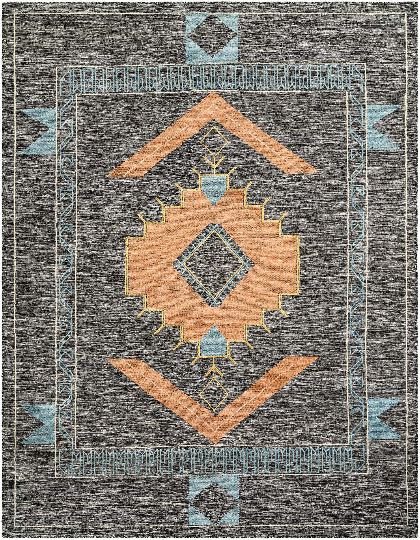 A 10x14 rectangular black and gray wool rug with a large central orange and blue tribal medallion pattern, accented by thin gold lines.