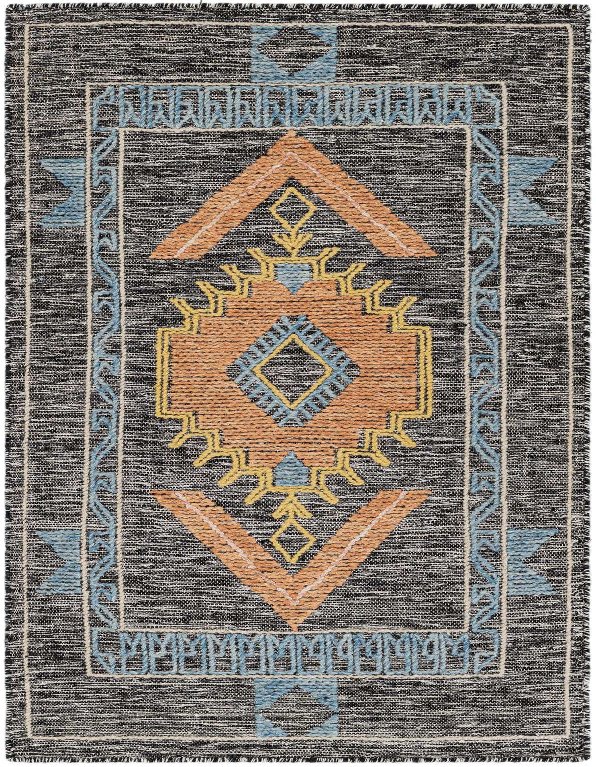 A 3x5 rectangular black and gray wool rug with a central orange, blue, and yellow tribal medallion pattern.