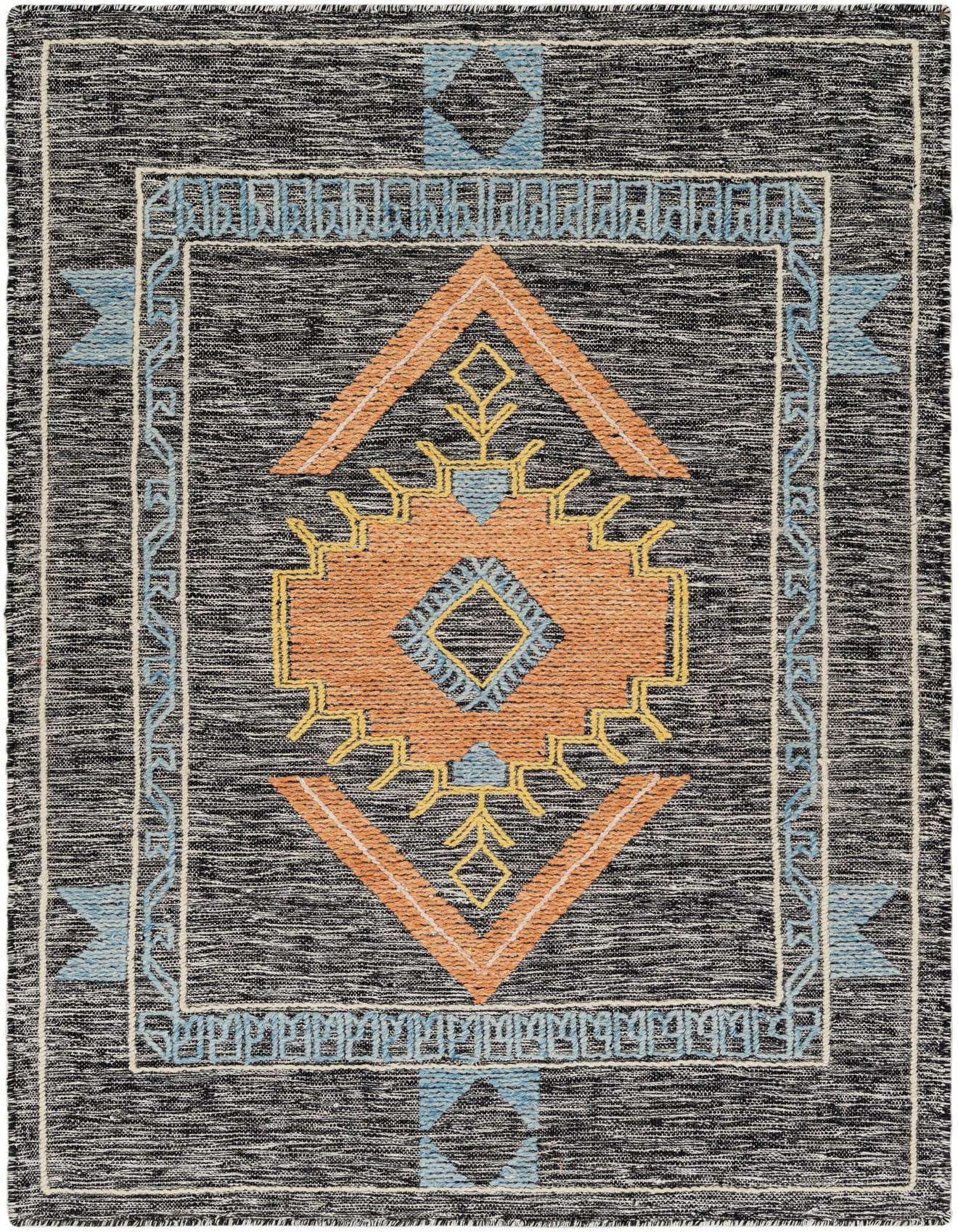A 4x6 rectangular black and gray wool rug with a central orange, yellow, and blue medallion and tribal border.