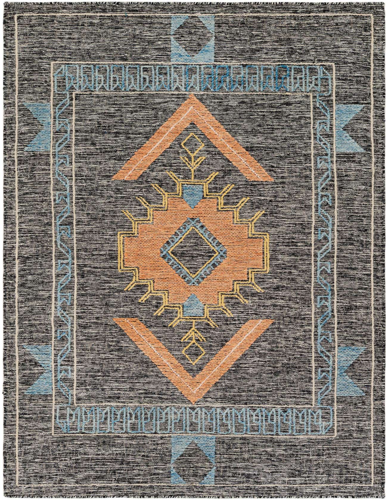 A 5x8 rectangular black and gray wool rug with a vibrant orange and blue tribal medallion pattern, ideal for a living room.
