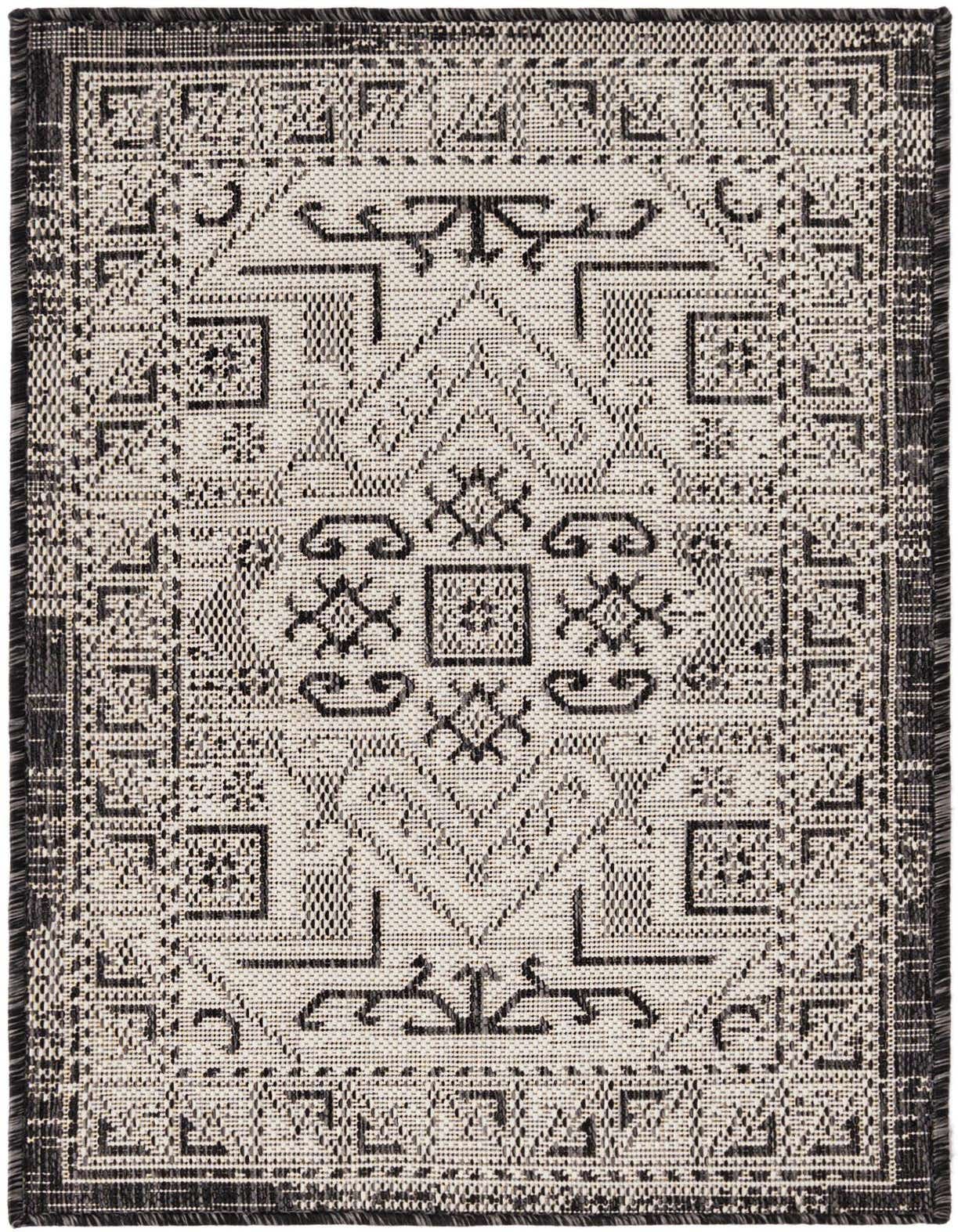 A 2x3 rectangular Rugs.com Outdoor Aztec rug featuring a black and gray Southwestern tribal pattern with a textured flatweave.