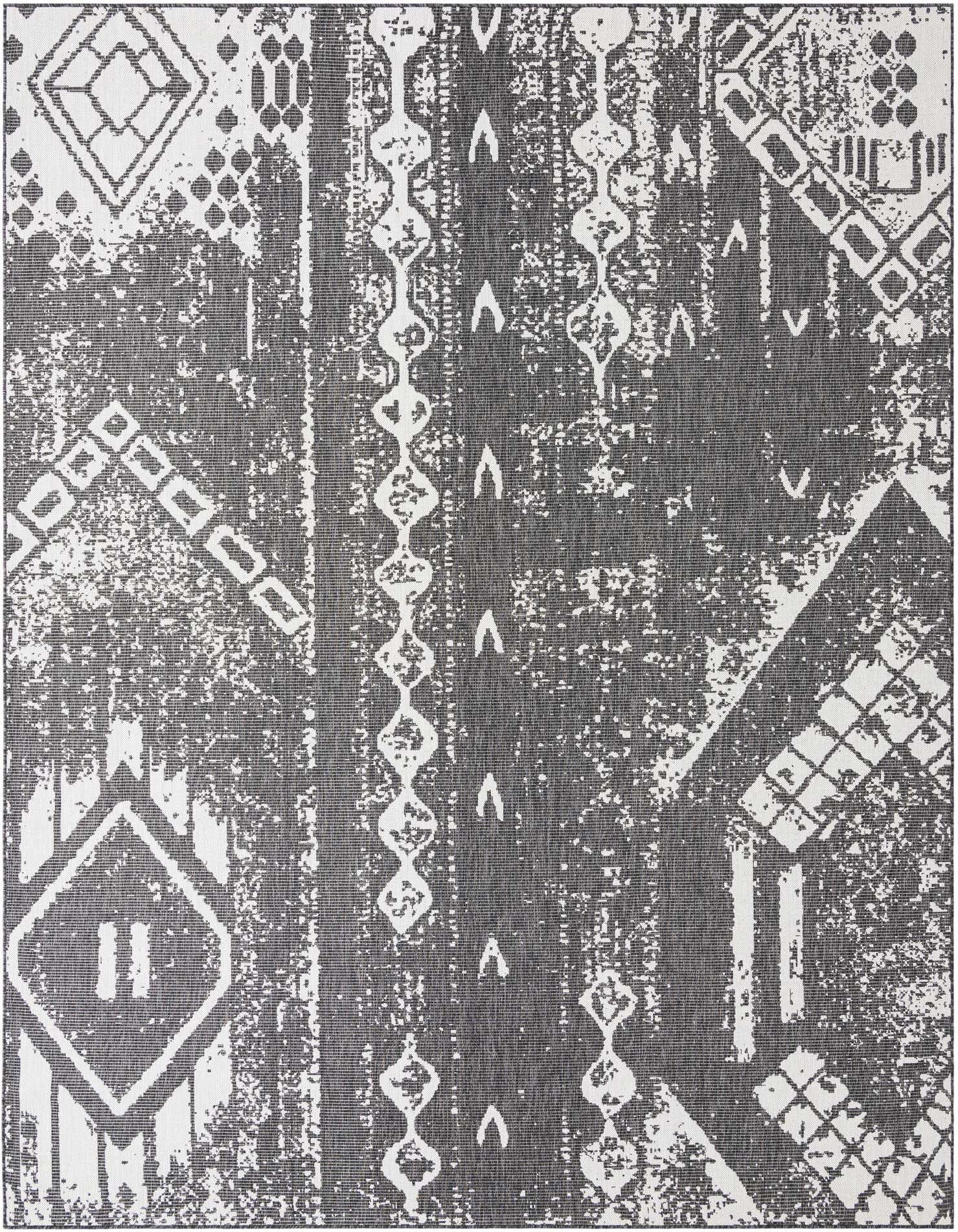 A 10x13 rectangular black and gray modern outdoor rug with a distressed geometric pattern, suitable for a patio or living room.