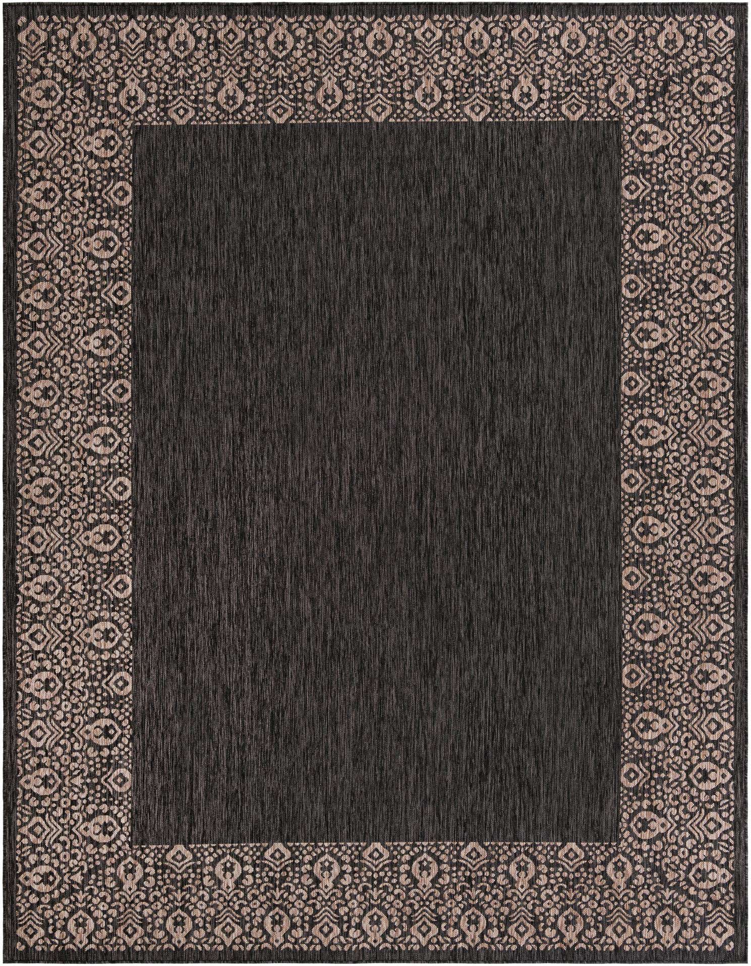 A 9x12 rectangular black and gray outdoor rug with a light beige transitional border pattern, suitable for a patio or living room.
