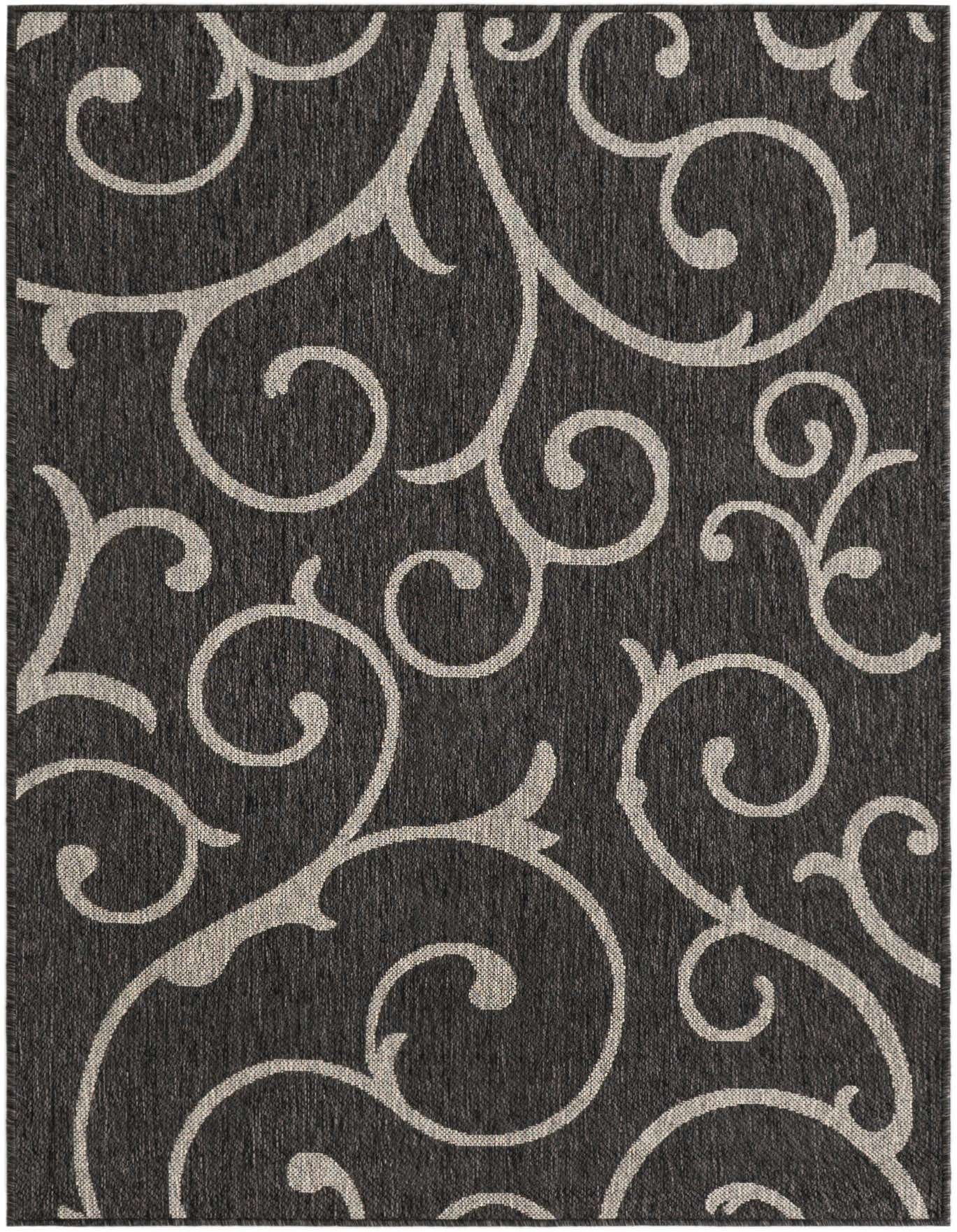 A 4x6 rectangular black and white flatweave rug with an elegant swirling botanical pattern, suitable for indoor or outdoor use.