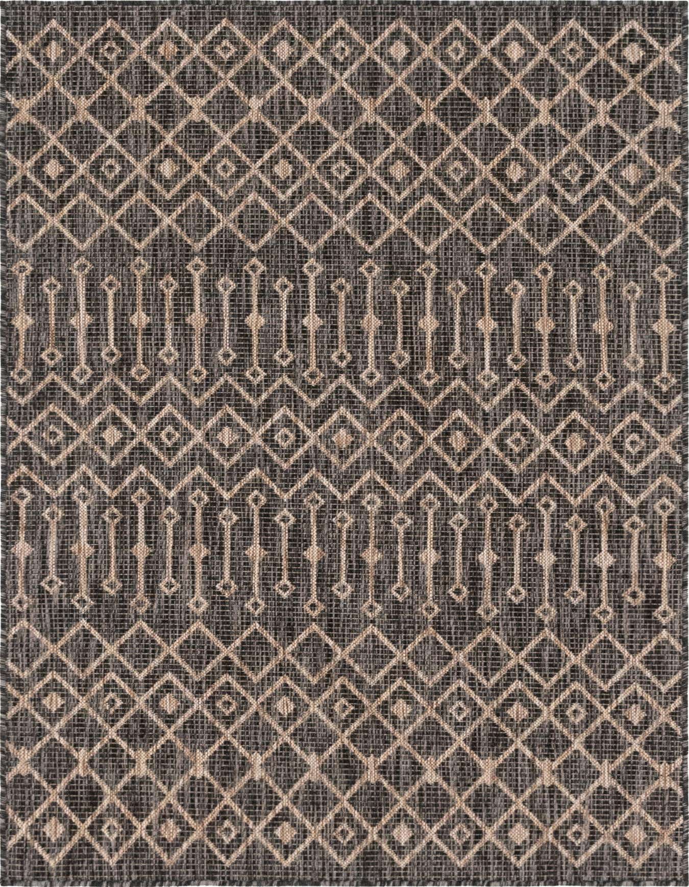A 4x6 rectangular indoor/outdoor rug featuring a tribal lattice pattern in black and gray with beige accents.