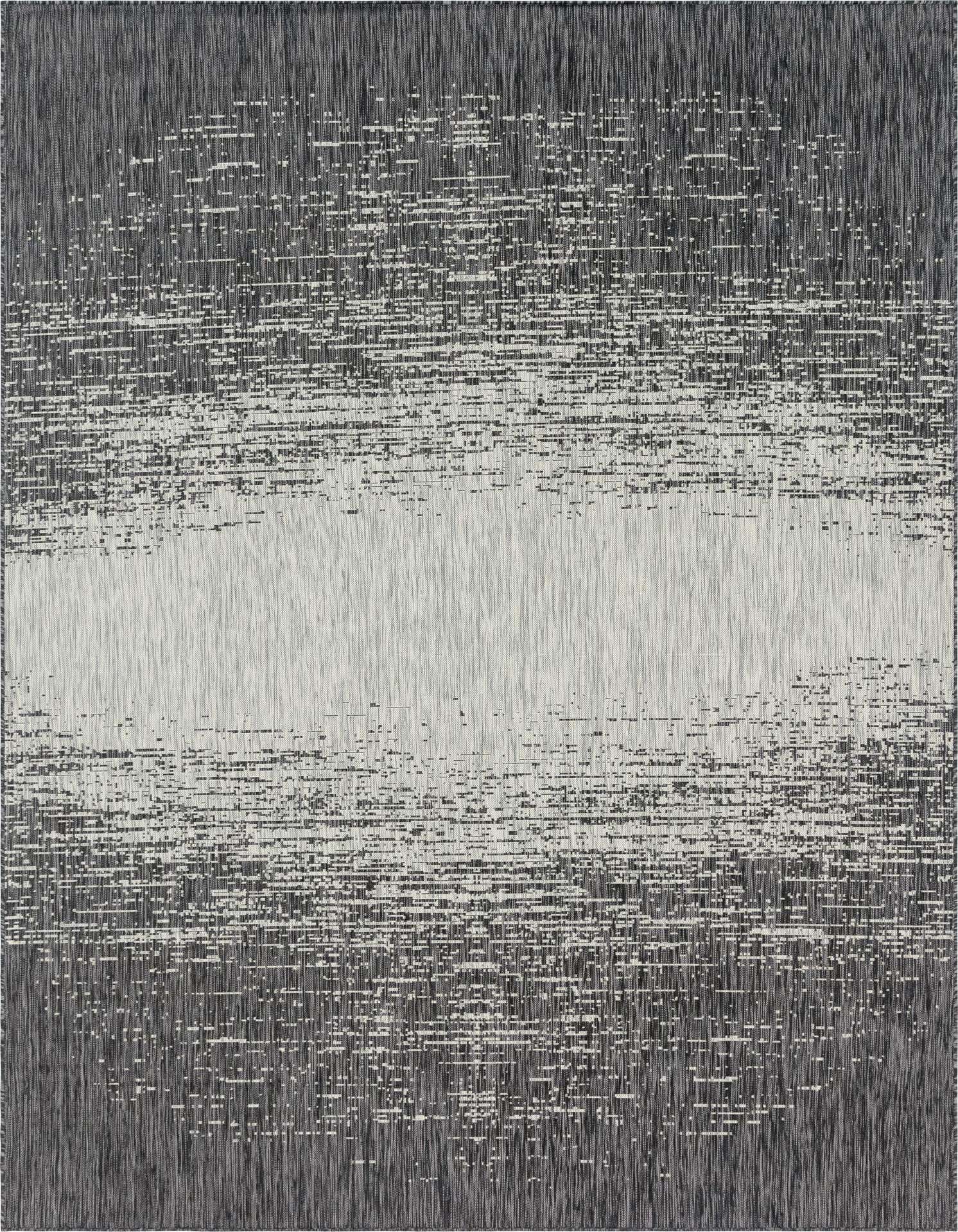 A 9x12 rectangular indoor/outdoor rug featuring a modern, abstract pattern with shades of black and gray, creating a distressed, horizontal stripe effect.