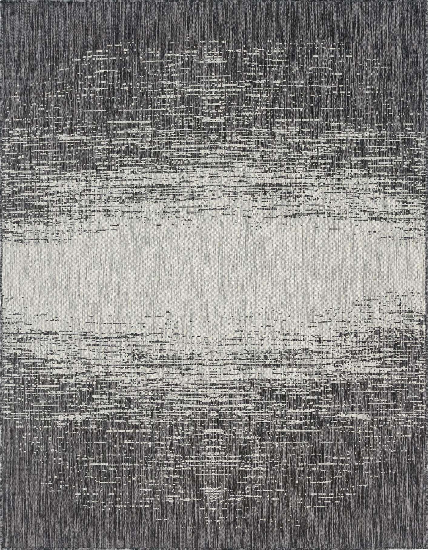 A 7x10 rectangular indoor/outdoor rug with a modern abstract pattern, featuring a central light gray band fading into darker grays and black at the edges, creating a textured, horizontal stripe effect.