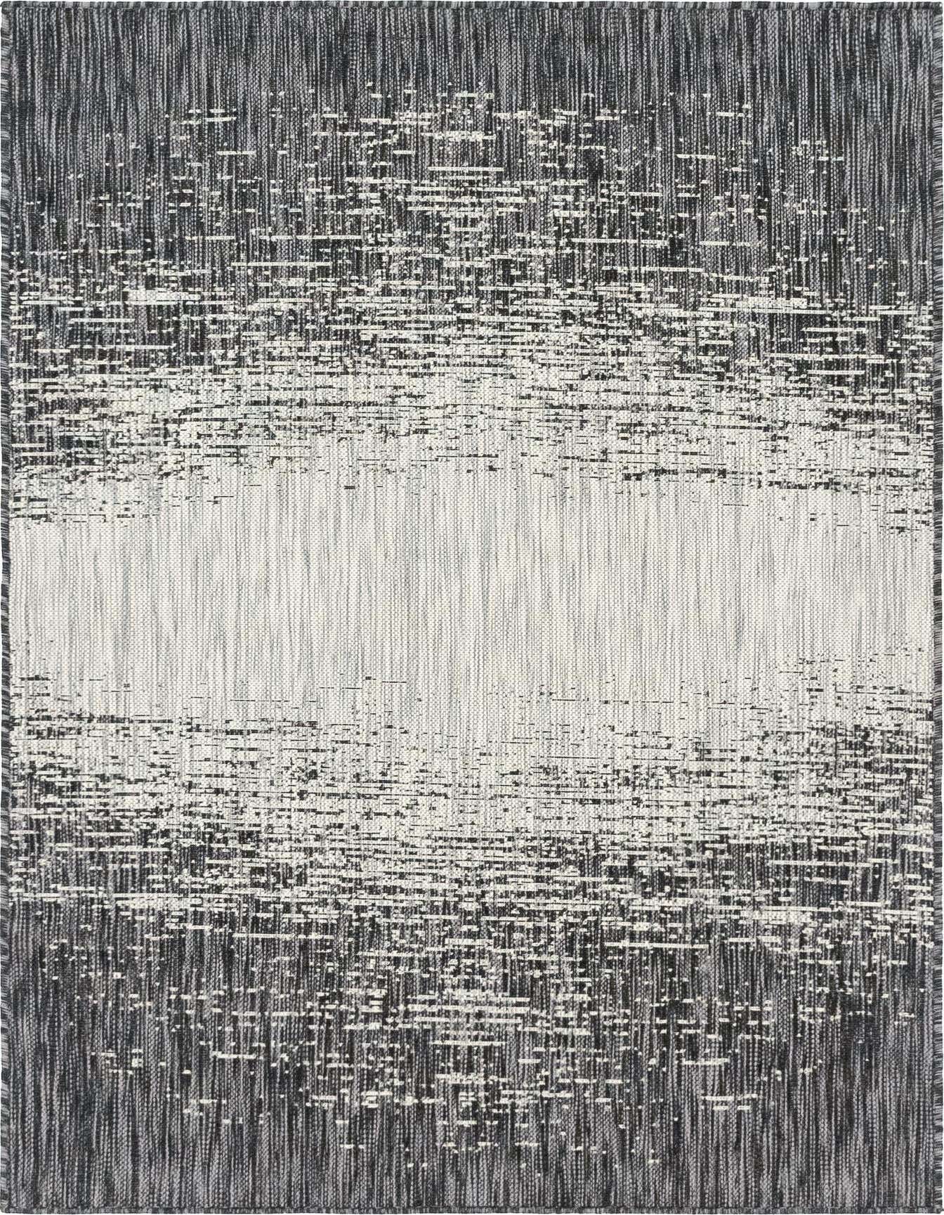 A 4x6 rectangular black and gray modern rug with a horizontal fade pattern, suitable for indoor or outdoor use.