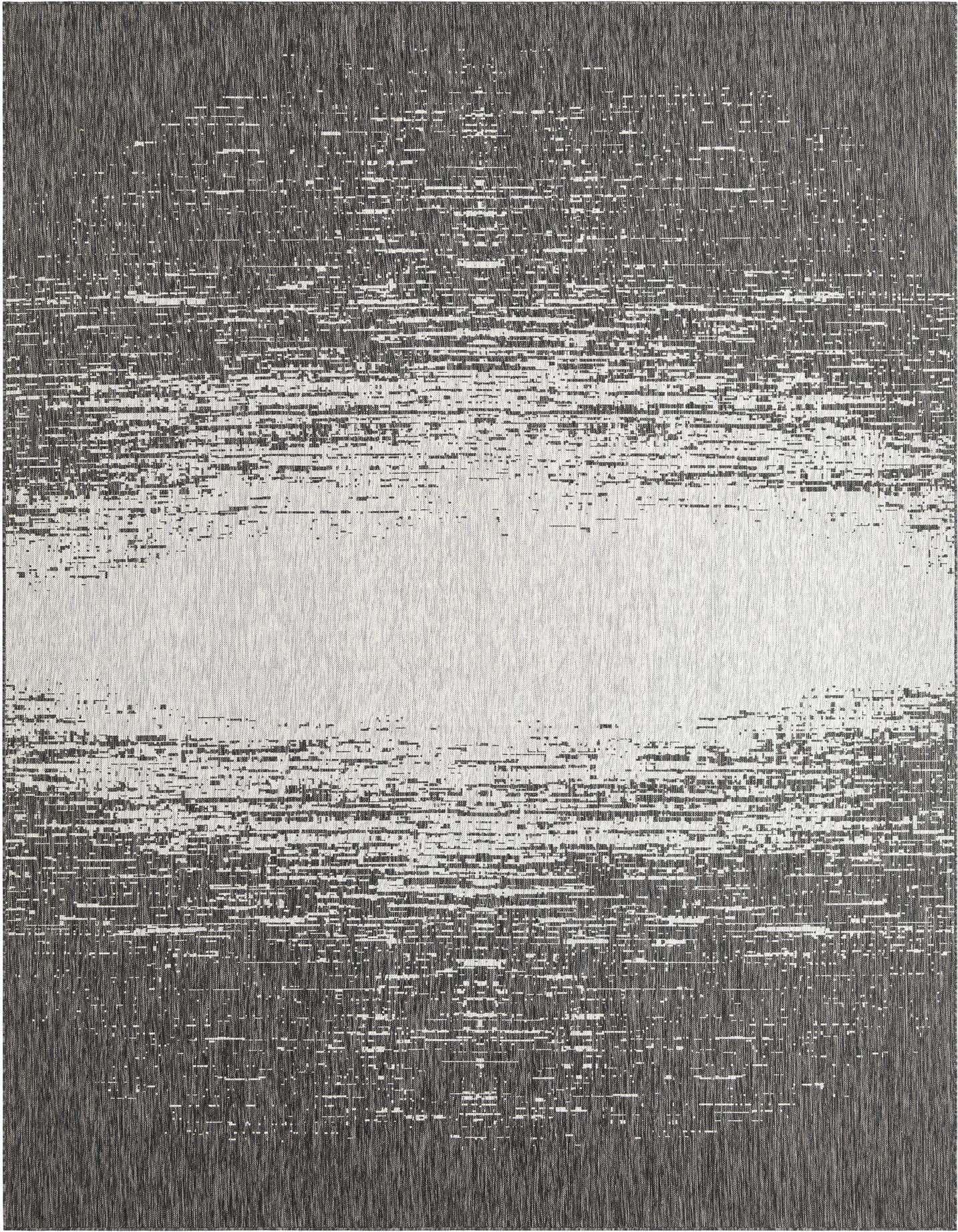 A 10x14 rectangular black and gray outdoor rug with a modern, distressed horizontal stripe pattern.