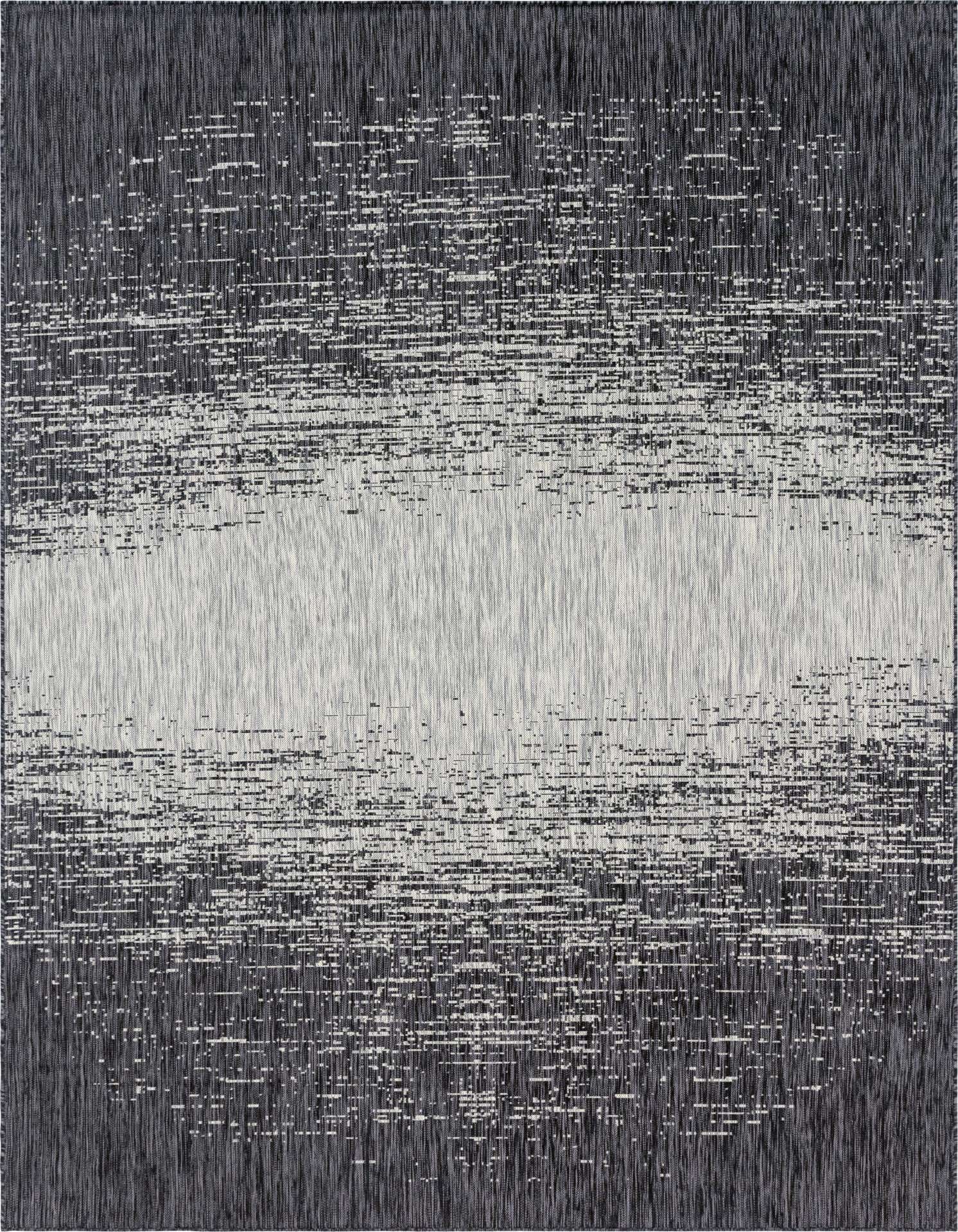 A 10x13 rectangular black and gray modern outdoor rug with a horizontal textured stripe pattern.