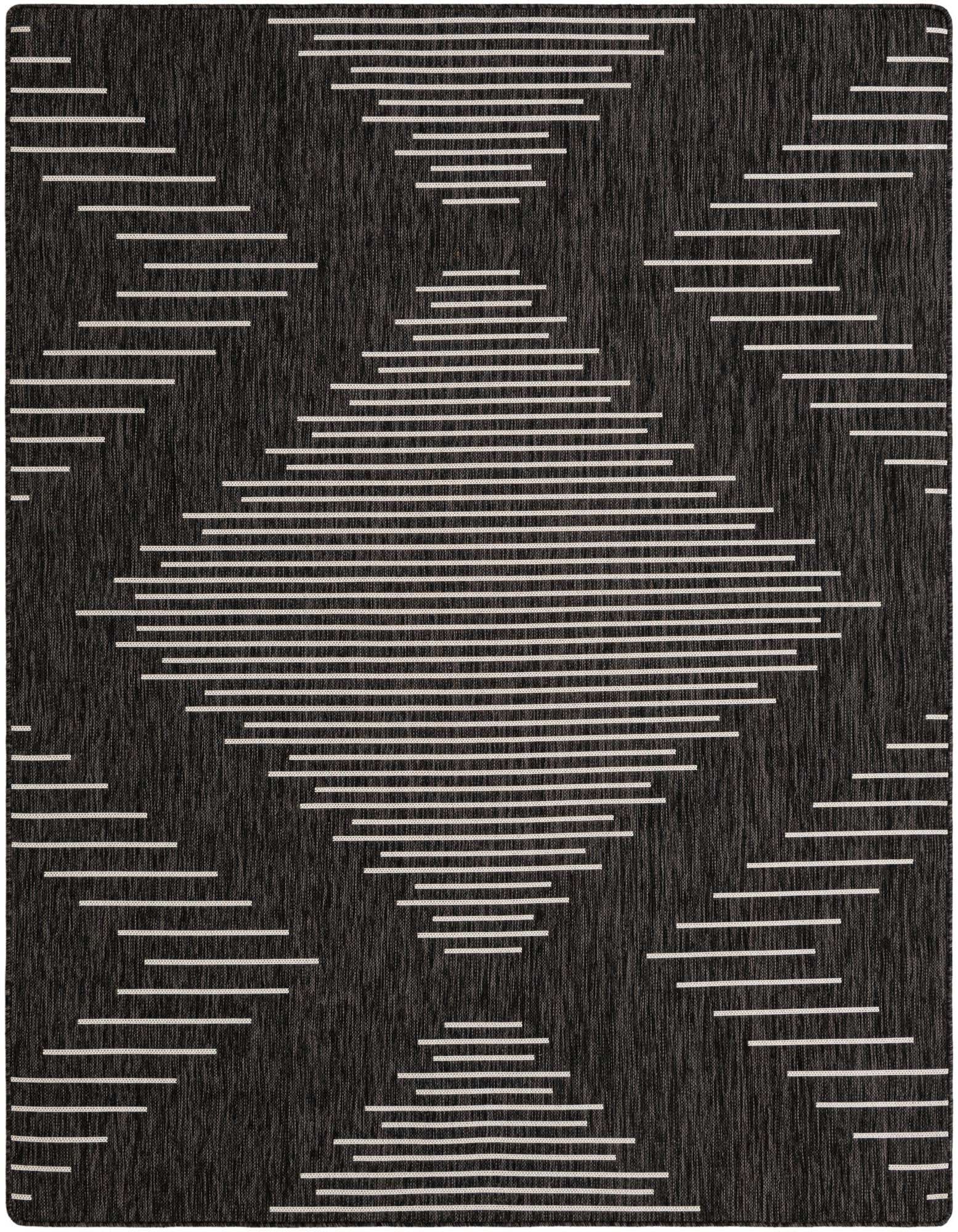 A 6x9 rectangular black and gray Southwestern-style rug with a modern striped diamond pattern, suitable for indoor or outdoor use.