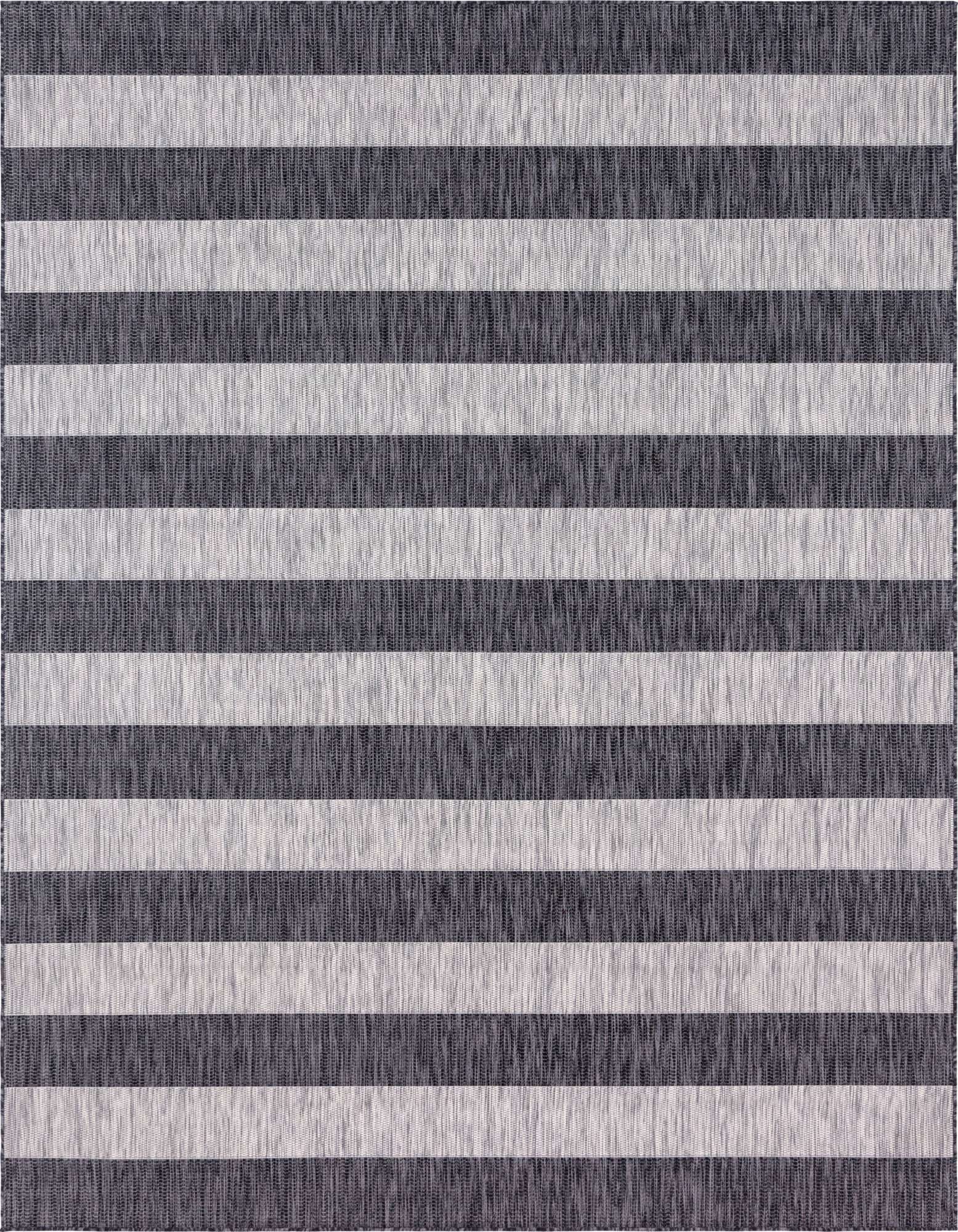 A 9x12 rectangular indoor/outdoor rug featuring bold horizontal stripes in black and light gray, showcasing its flatweave texture.