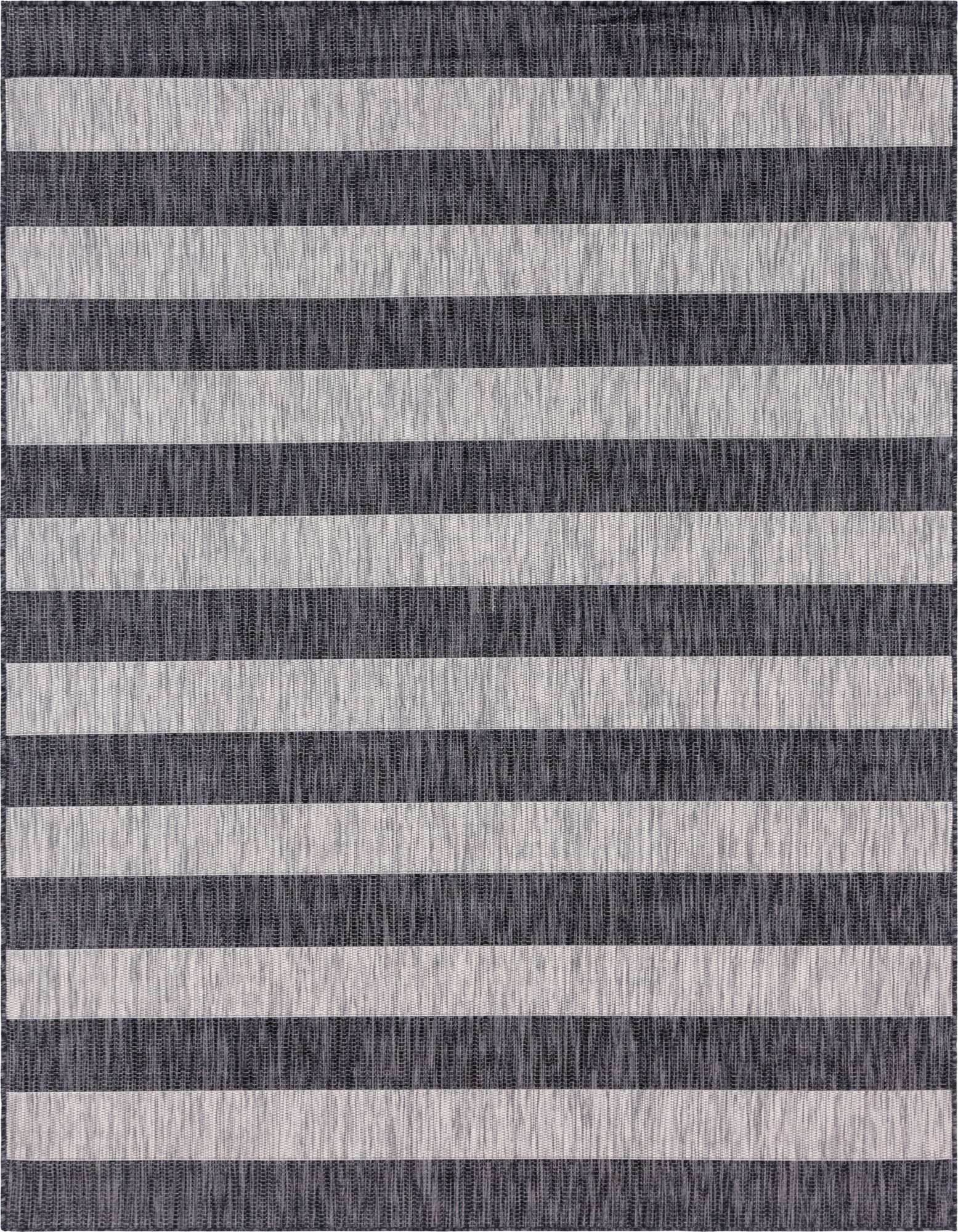 A 7x10 rectangular indoor/outdoor rug featuring bold horizontal stripes in black and light gray, showcasing its flatweave texture.