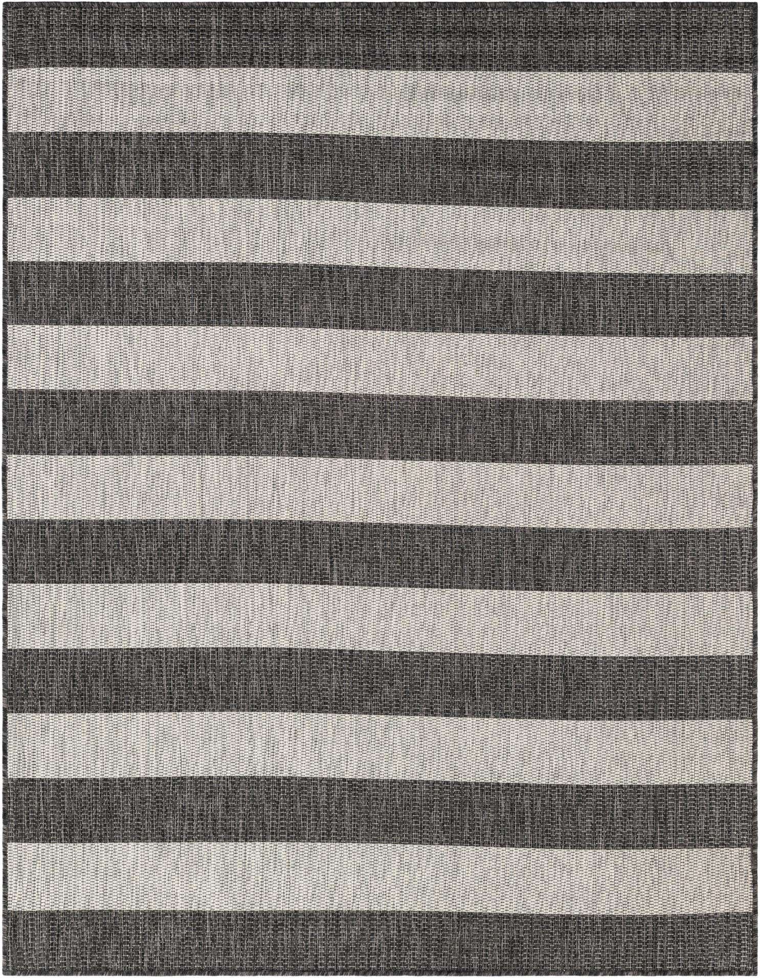 A 5x7 rectangular Rugs.com Outdoor Ribbon rug featuring wide horizontal stripes in black and light gray, suitable for indoor or outdoor use.