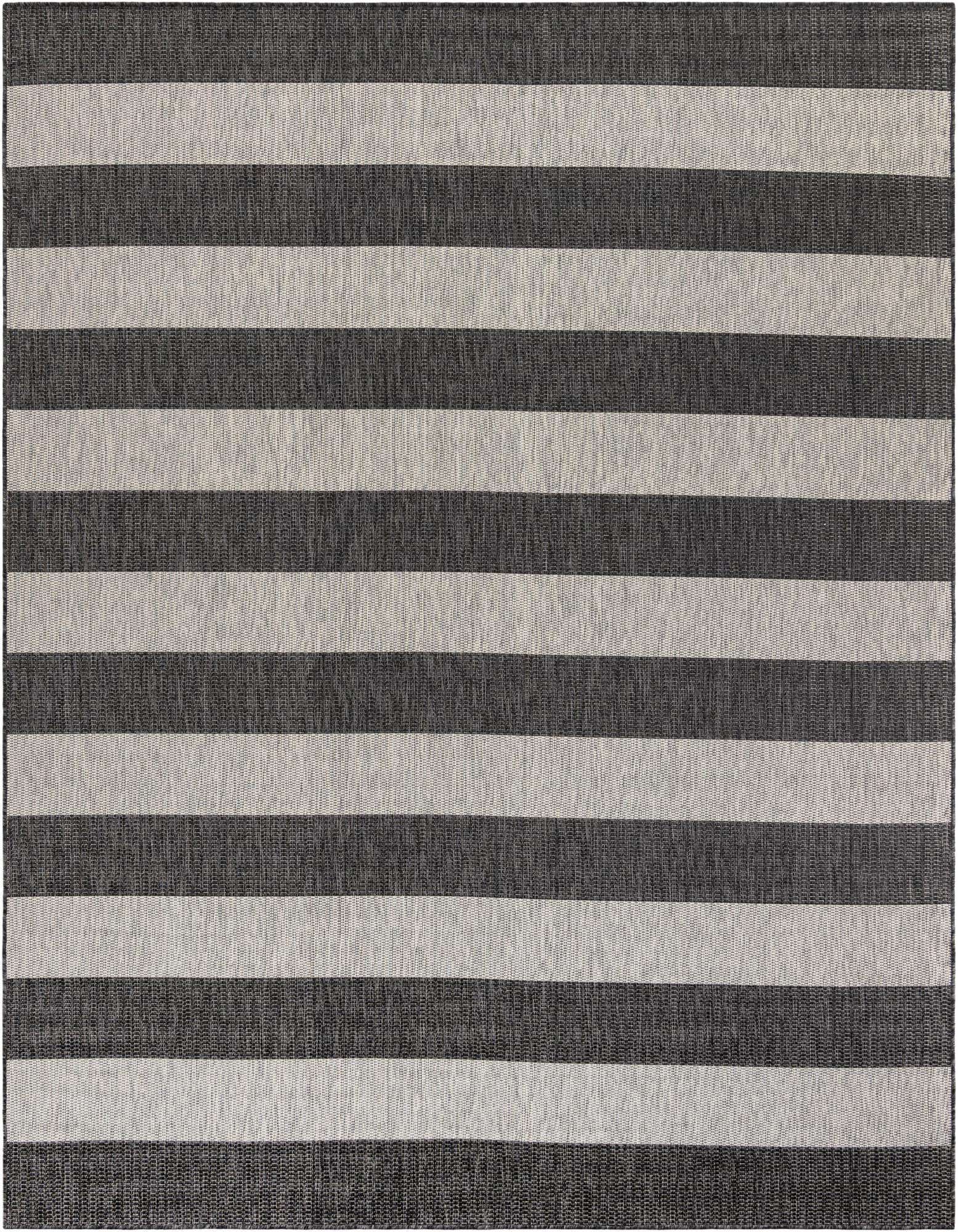 An 8x10 rectangular flatweave rug featuring bold horizontal stripes in black and light gray, suitable for indoor or outdoor use.