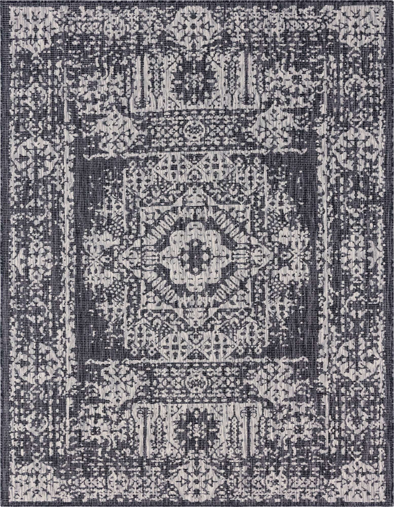 A 7x10 rectangular black and gray Southwestern medallion rug with a distressed traditional pattern, suitable for indoor or outdoor use.