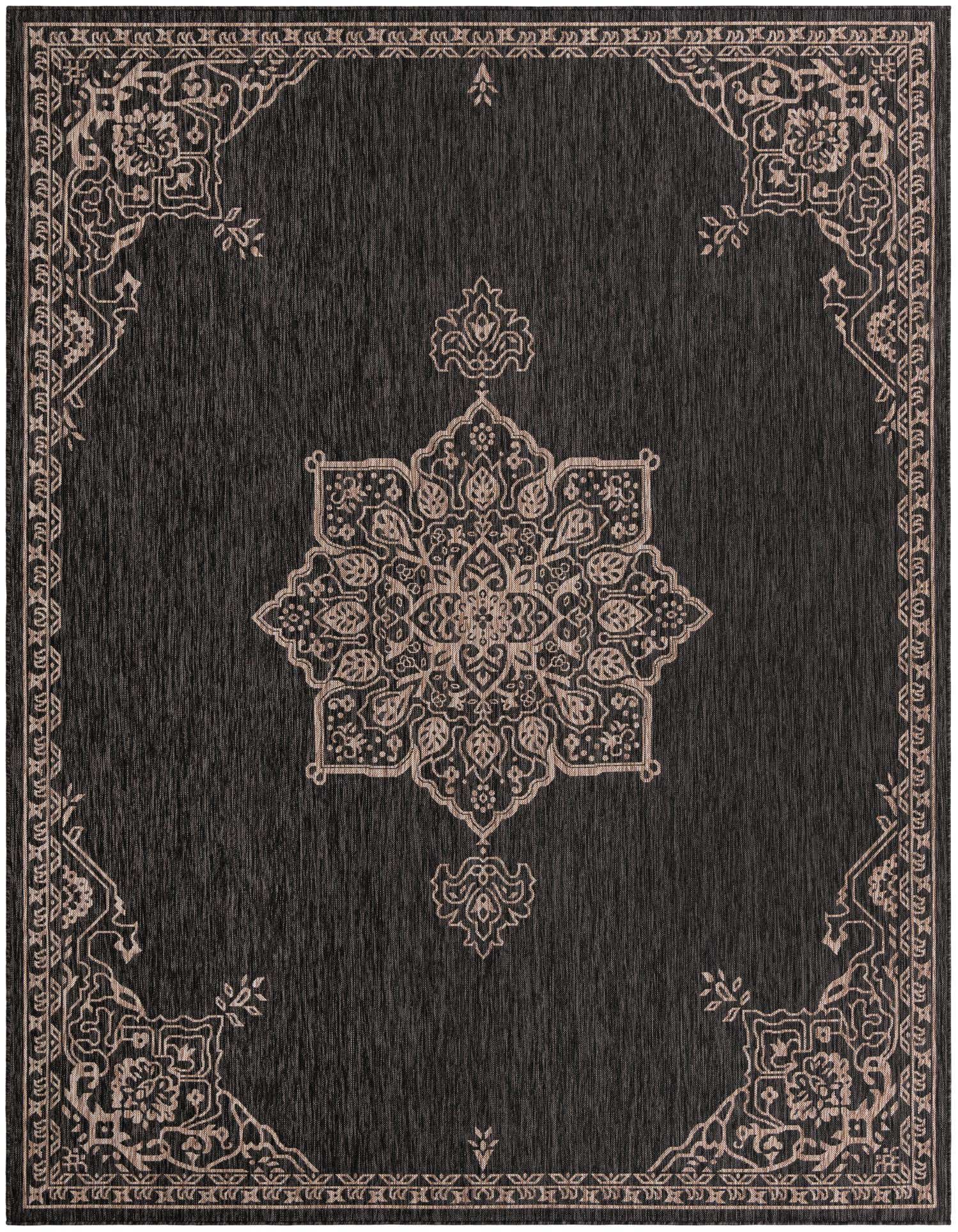 A 9x12 rectangular black and gray outdoor rug featuring a large central medallion and ornate traditional border.