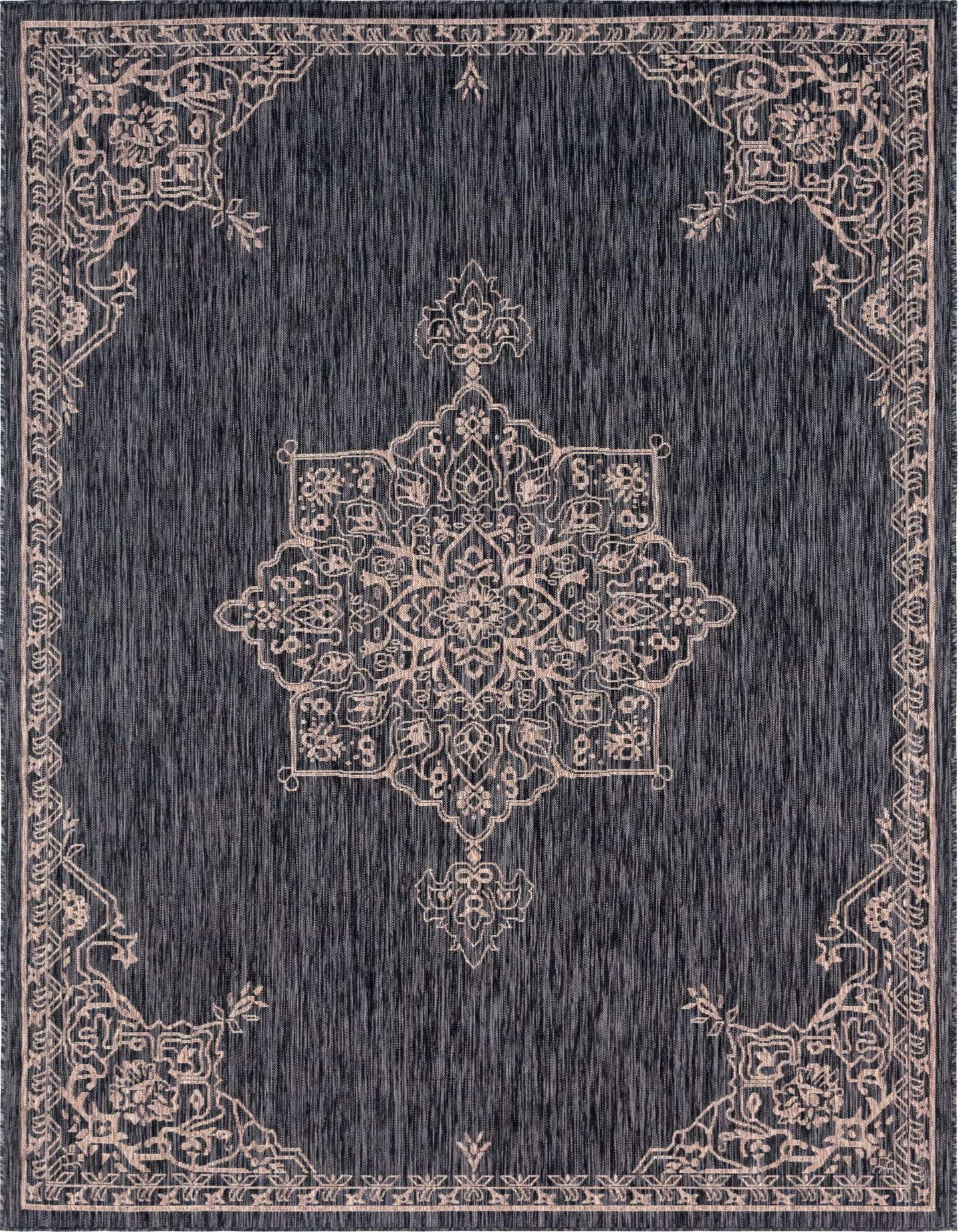 A 7x10 rectangular black and gray outdoor rug with a light beige traditional medallion pattern and border.