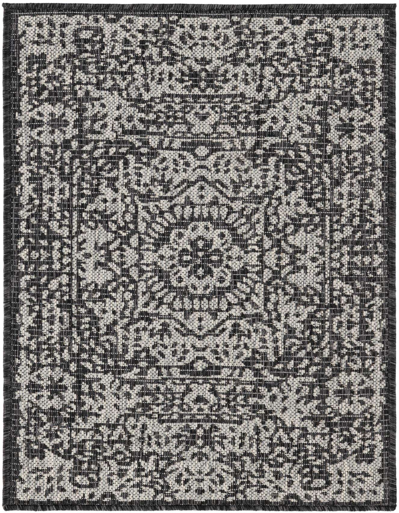 A 2x3 rectangular black and gray Southwestern style flatweave rug with a traditional medallion pattern, suitable for indoor or outdoor use.