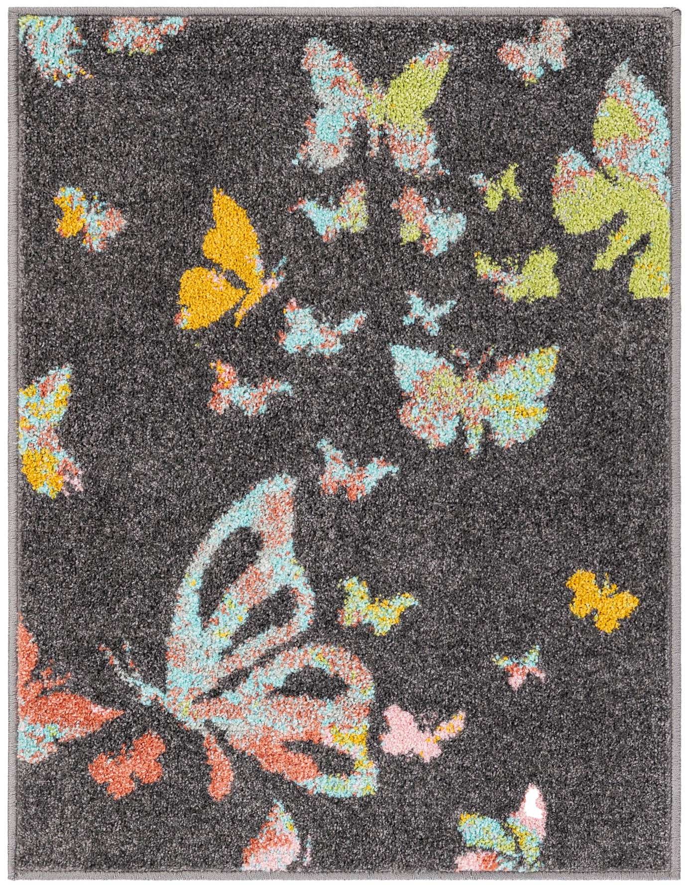 A 2x3 rectangular black rug with a playful pattern of colorful abstract butterflies in shades of blue, orange, yellow, and green.