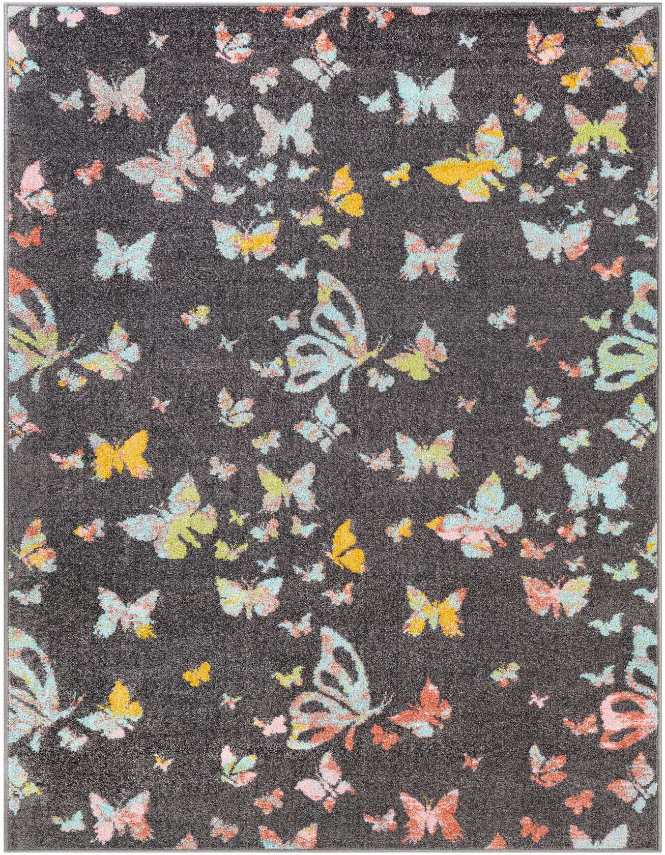 A 5x8 rectangular black rug with a playful pattern of colorful butterflies in shades of pink, yellow, and blue, ideal for a child's room.