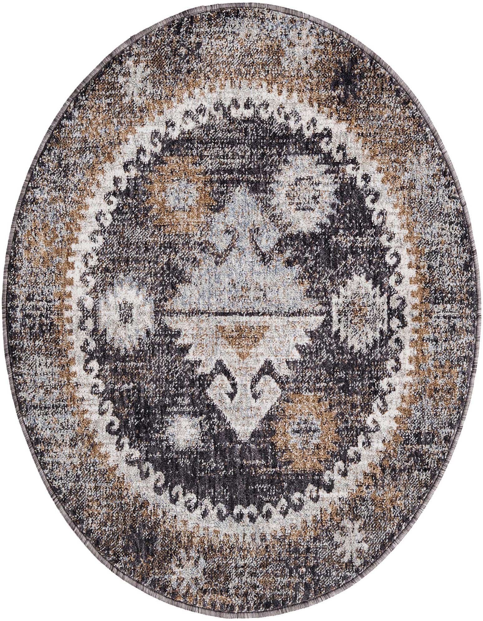 A 3' 3 round Eco Southwestern rug featuring a distressed tribal pattern in black, gray, and brown tones.