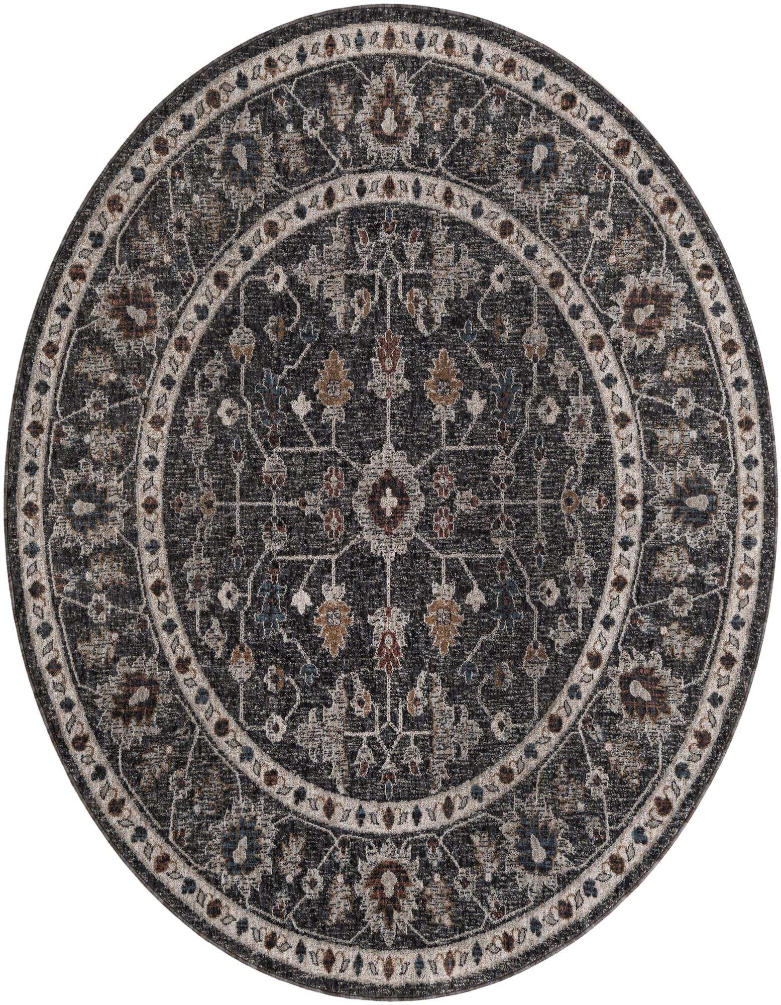 A 7' round black and gray traditional area rug with an intricate floral medallion pattern and decorative border.