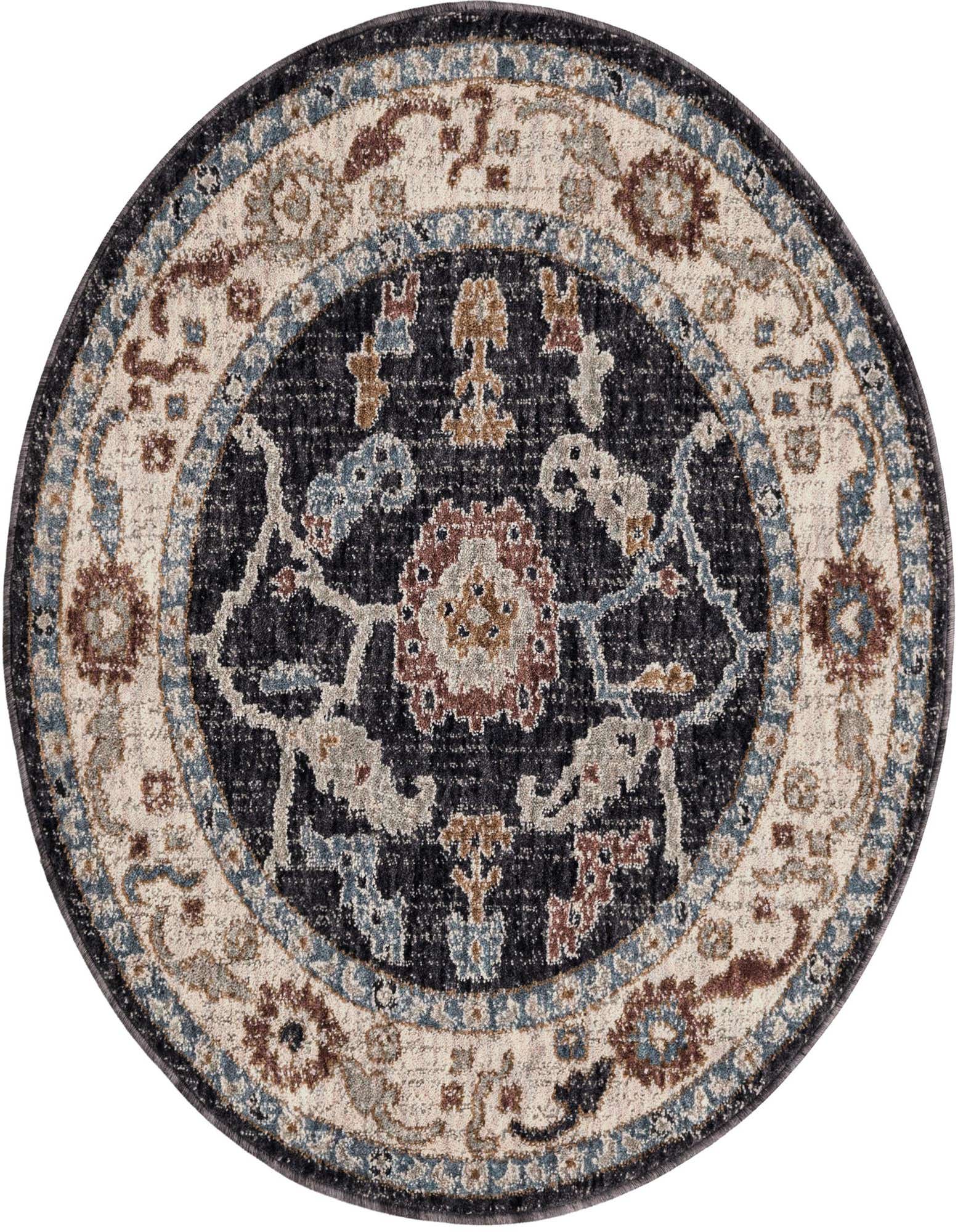 A 3' 3 round Eco Traditional rug featuring a black center with intricate floral and medallion patterns in muted grays, blues, and browns, surrounded by a cream border with similar traditional motifs.