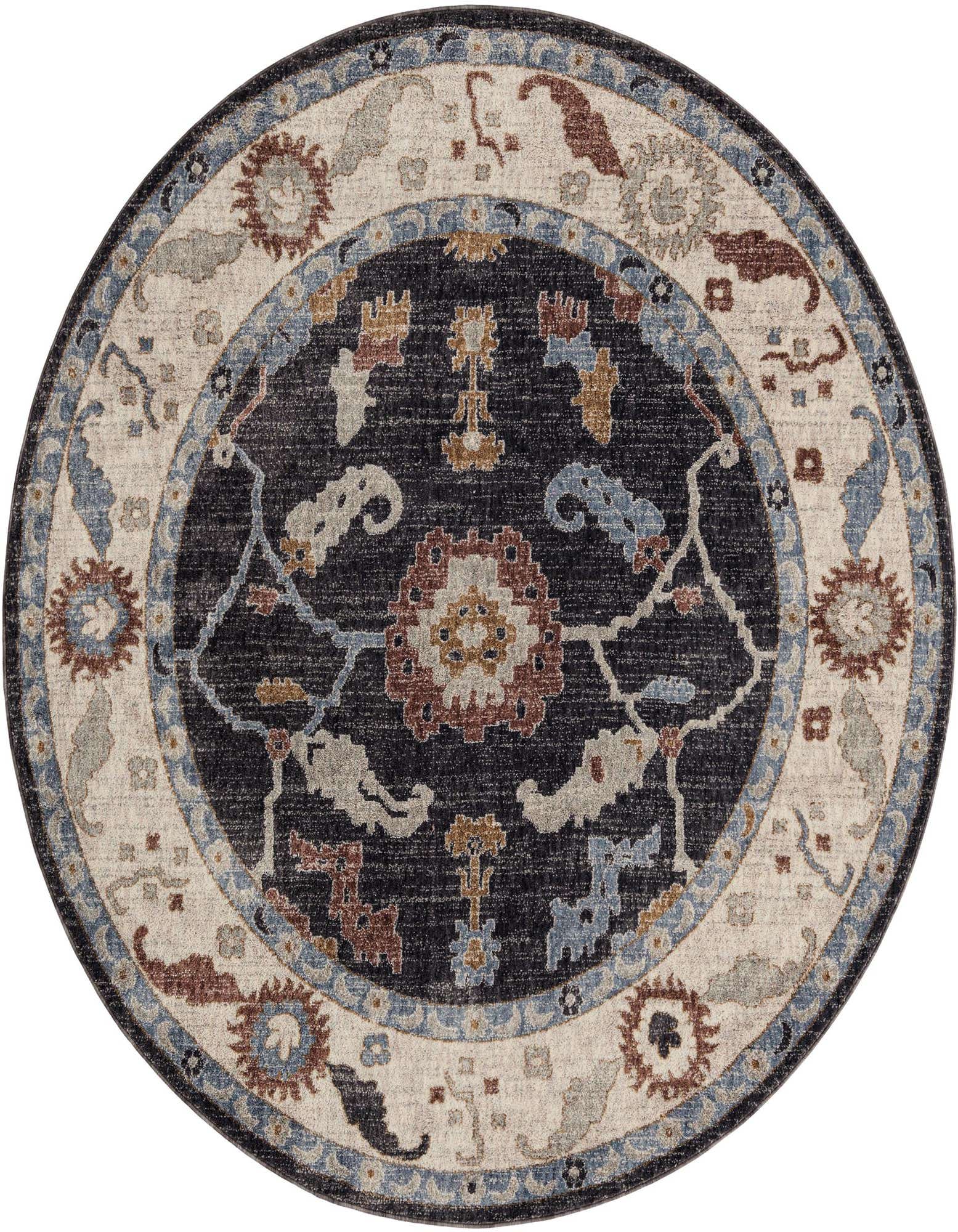 A 7-foot round black and cream traditional rug with a central floral medallion and intricate border.