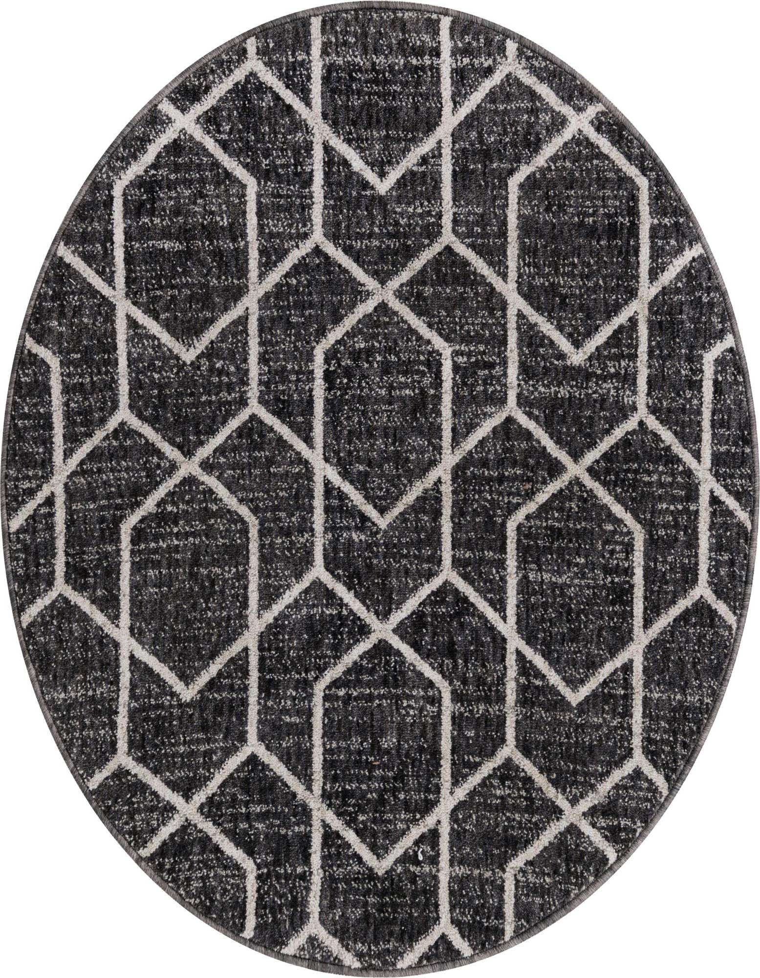 A 3' 3 round black and gray rug with a modern geometric trellis pattern made from recycled polyester.
