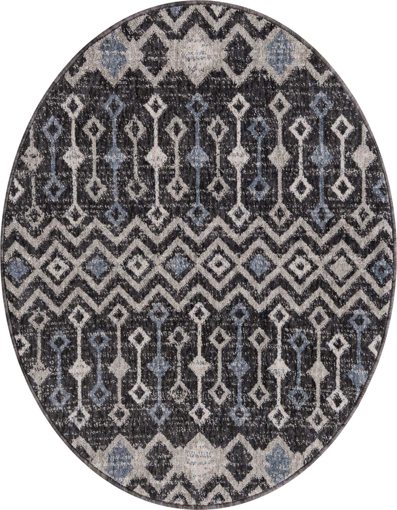 A 3' 3 round black and gray Eco Trellis rug with a distressed modern geometric pattern made from recycled polyester.