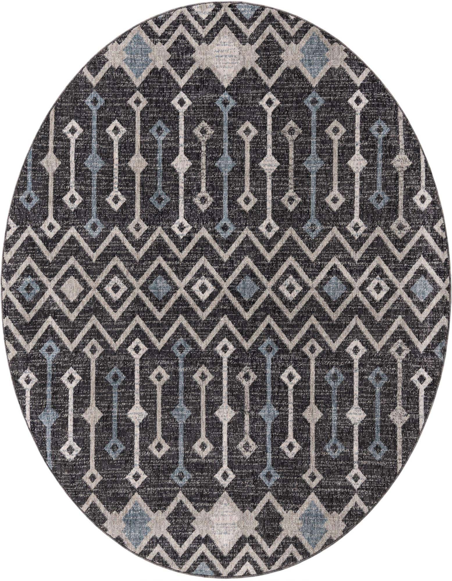 A round black rug with a modern trellis pattern in gray, silver, and muted blue, made from recycled polyester.