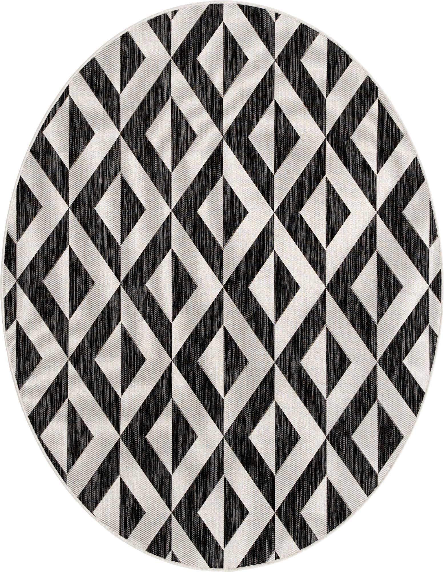 A round black and white geometric patterned rug with a modern trellis design, suitable for indoor or outdoor use.