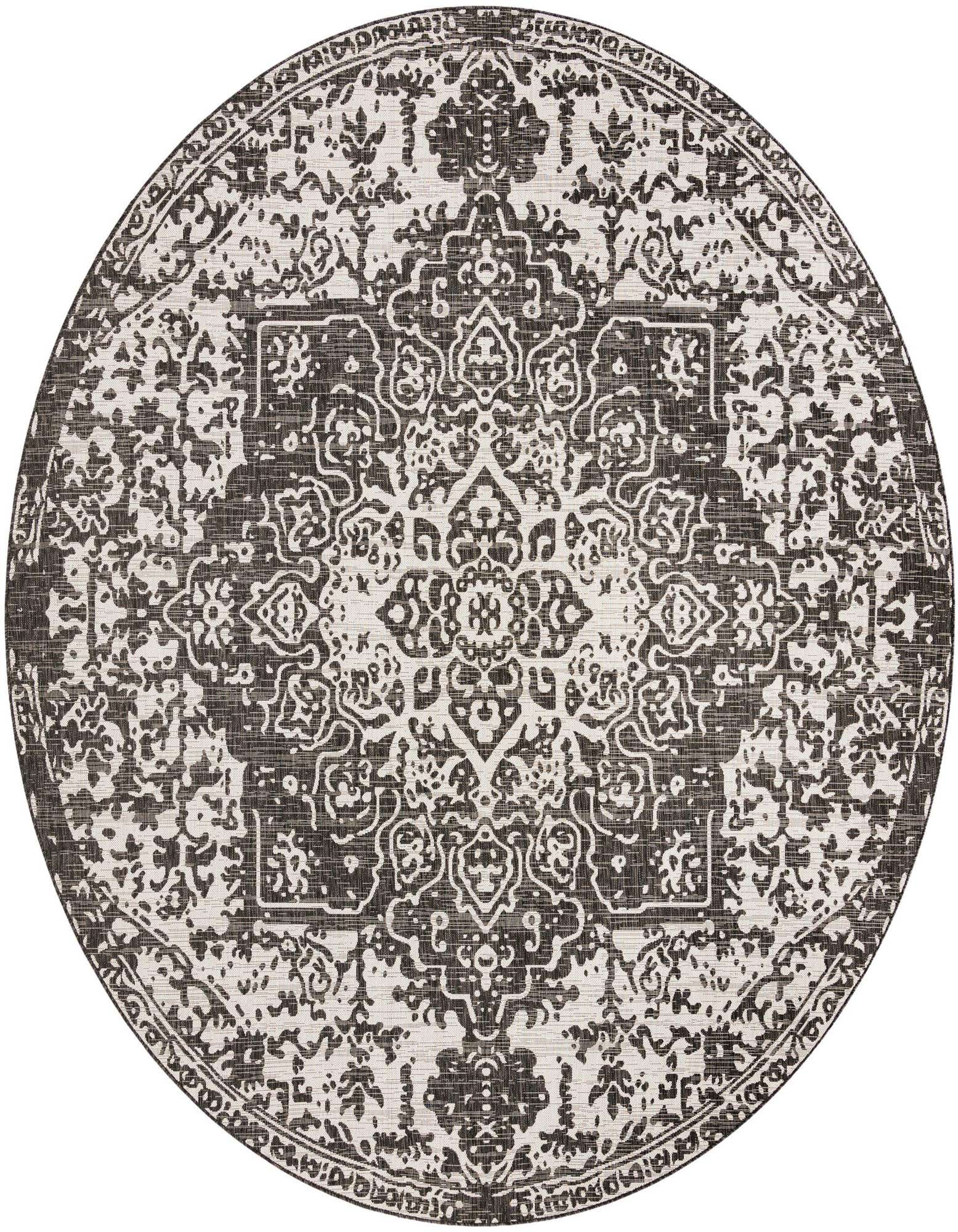 A 10' 8 round black and white medallion rug with a traditional pattern, suitable for indoor or outdoor use.