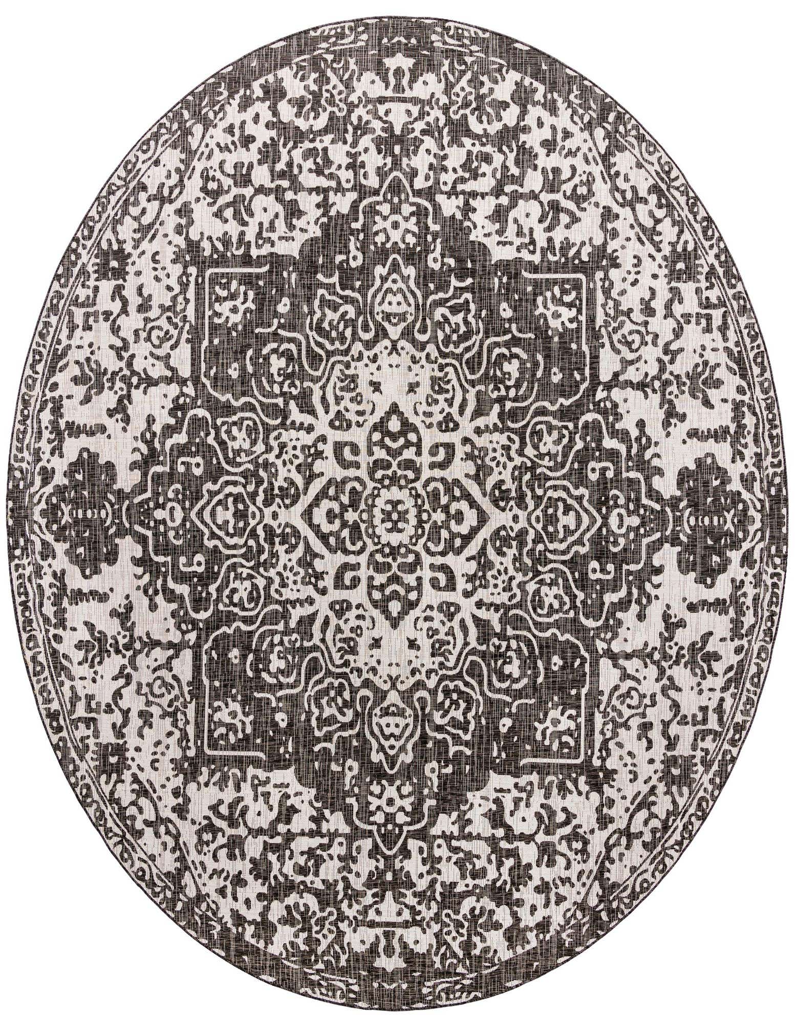 A 13-foot round black and gray medallion rug with a distressed traditional pattern, suitable for indoor or outdoor use.