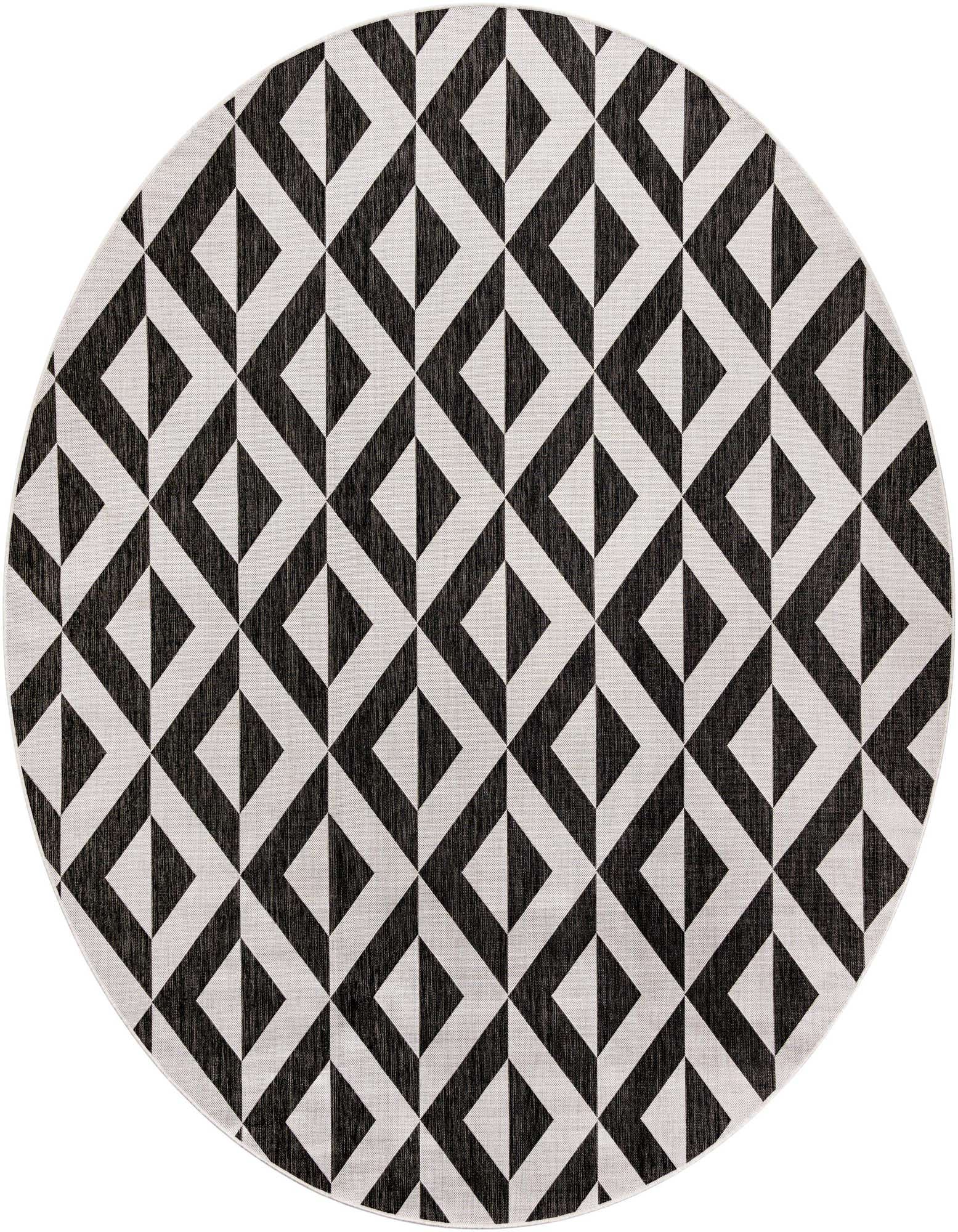 A 10-foot round black and gray geometric rug with a modern trellis pattern, suitable for indoor or outdoor use.