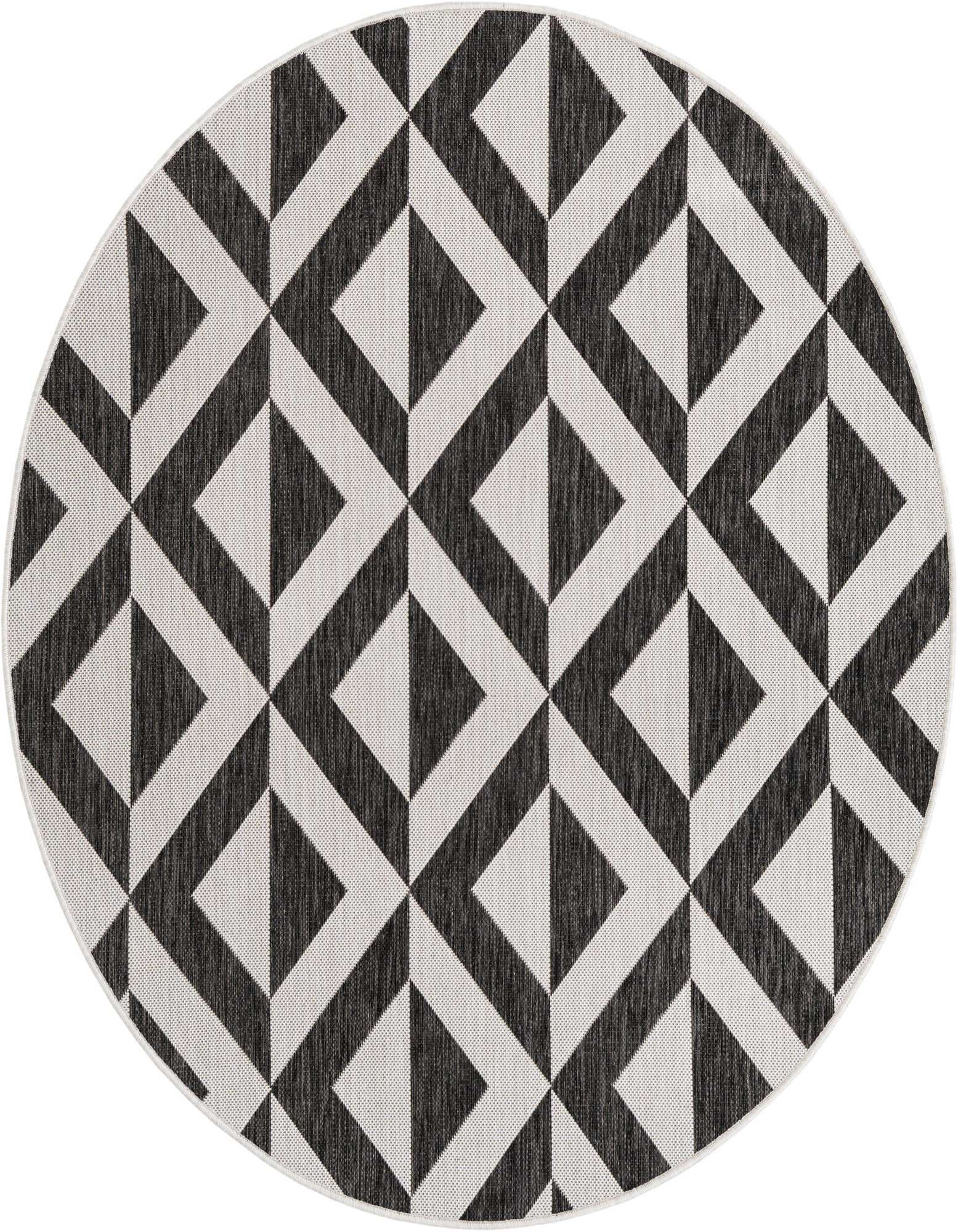 A round 5' 3 x 5' 3 black and white geometric rug with a bold trellis pattern, suitable for indoor or outdoor use.
