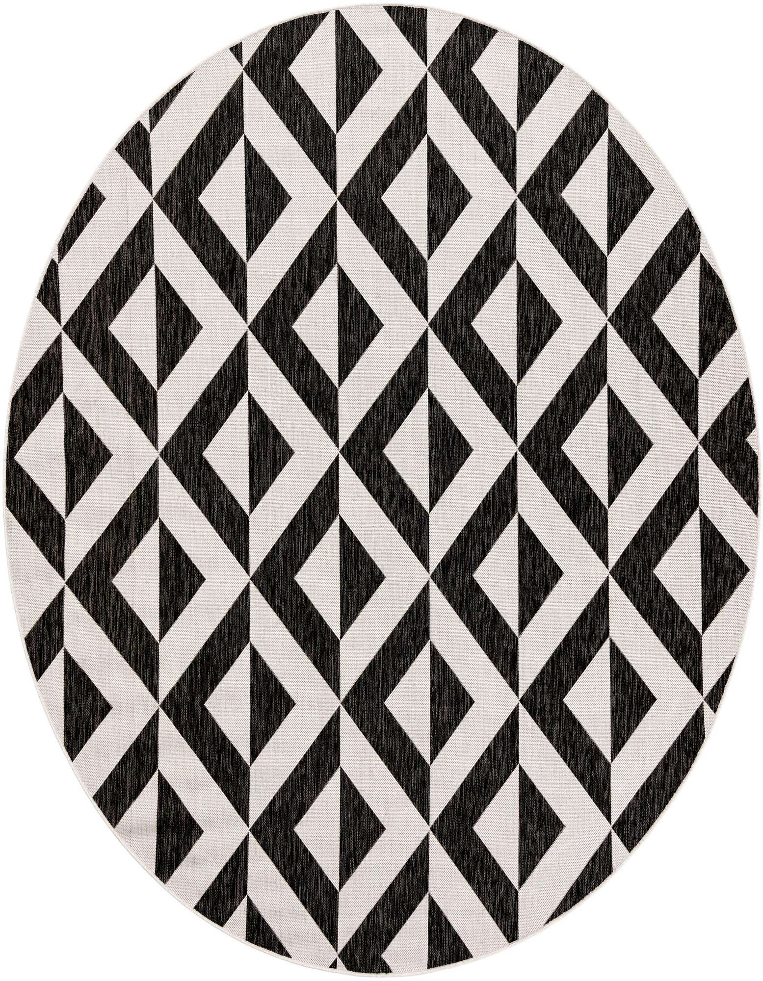 A round 7' 10 x 7' 10 Jill Zarin Outdoor rug featuring a bold black and white geometric trellis pattern, suitable for a patio.