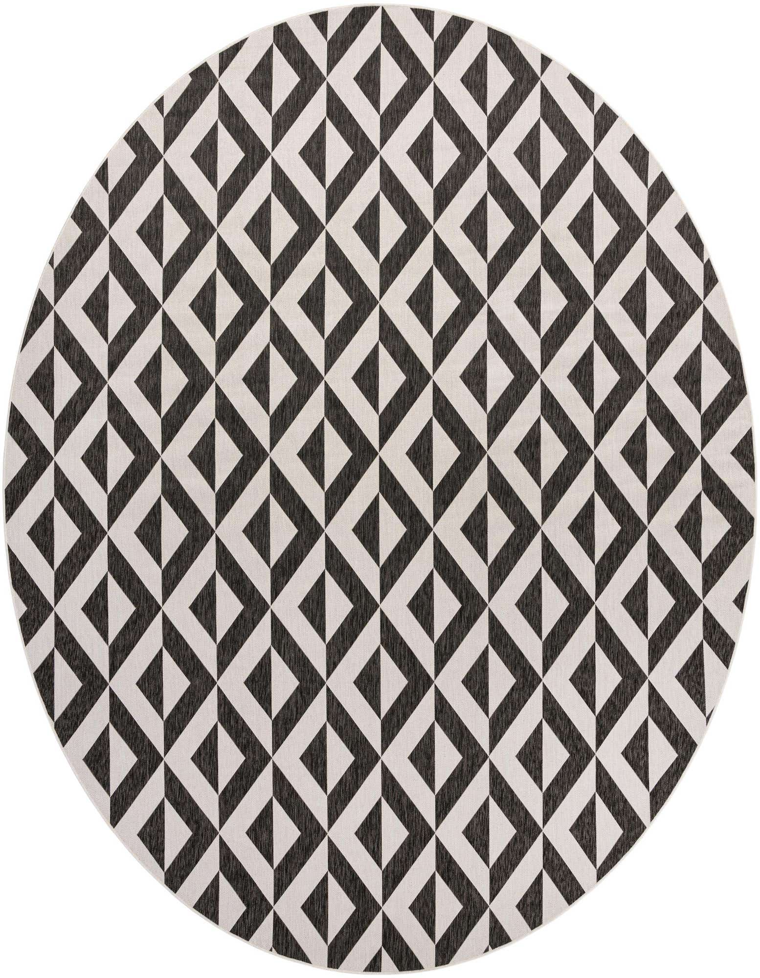 A 13' round black and white modern trellis rug, made from polypropylene, suitable for indoor or outdoor use.
