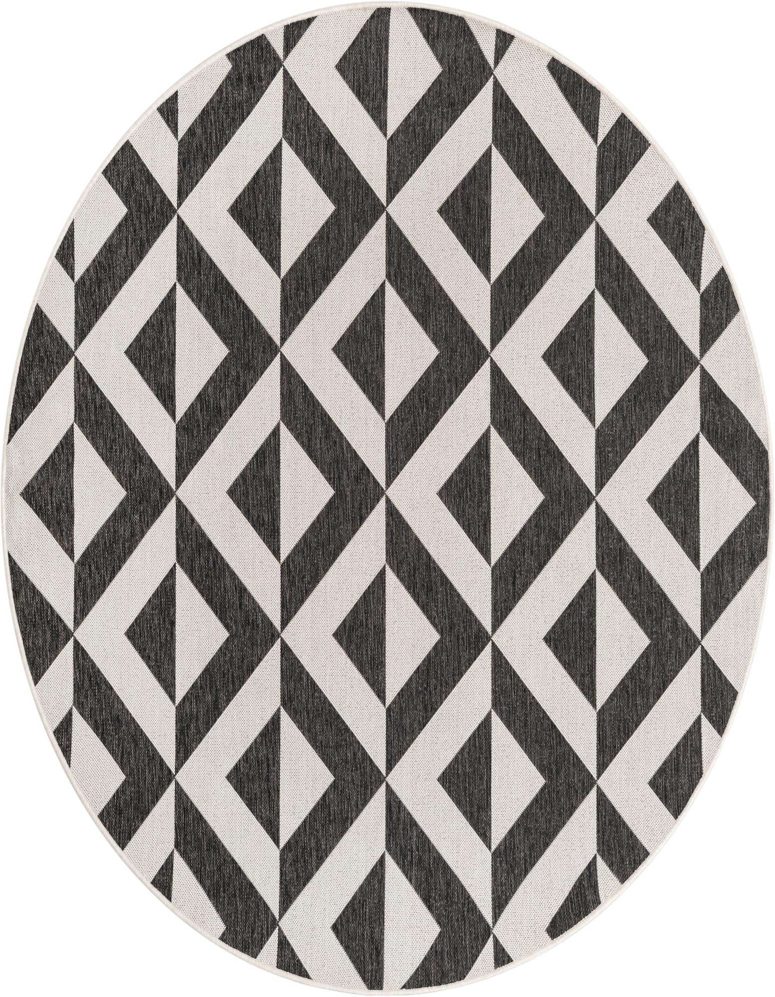 A 7' round black and white modern geometric trellis rug, suitable for indoor or outdoor spaces.