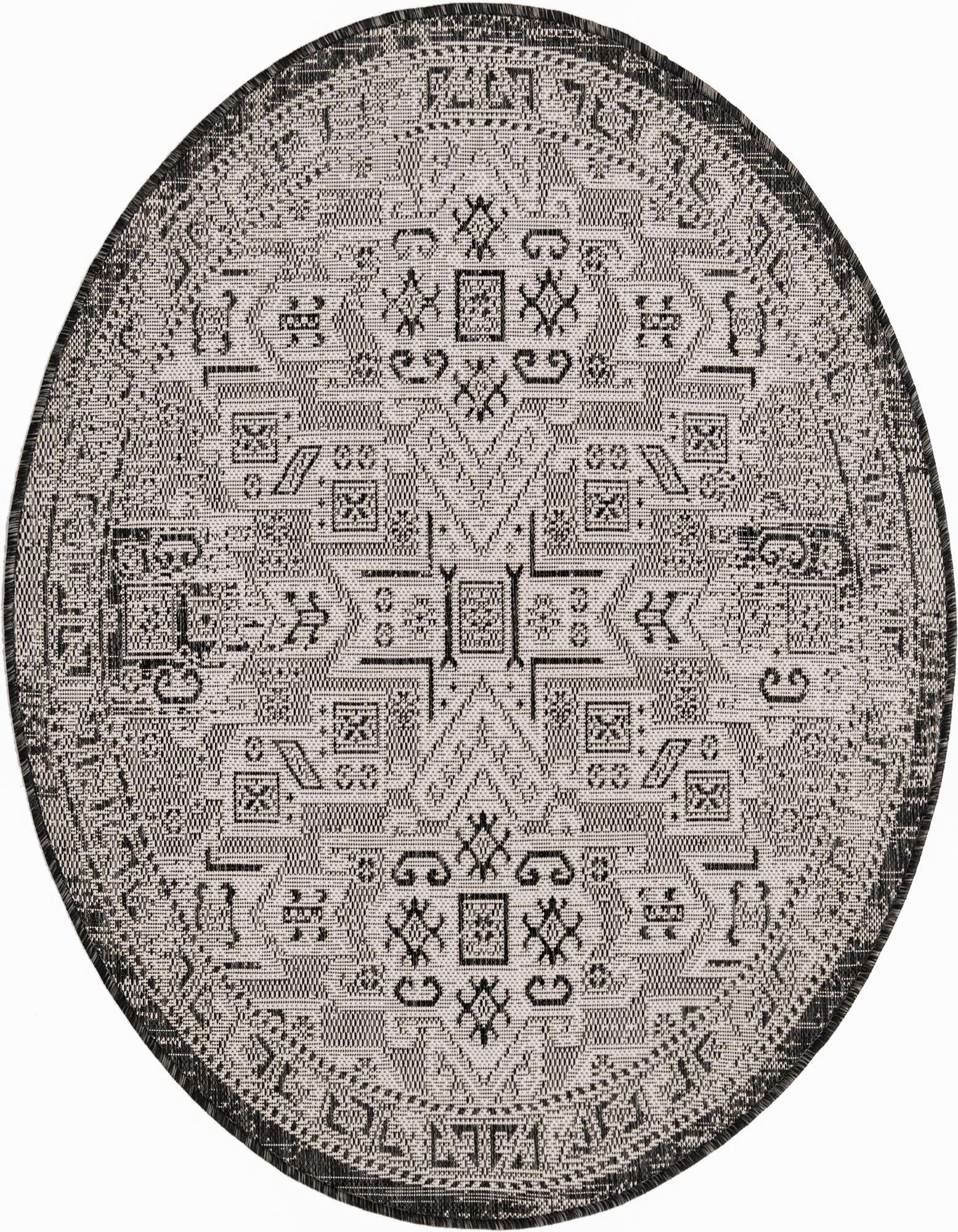 A 4' round black and gray Southwestern rug with a detailed tribal pattern, suitable for indoor or outdoor use.
