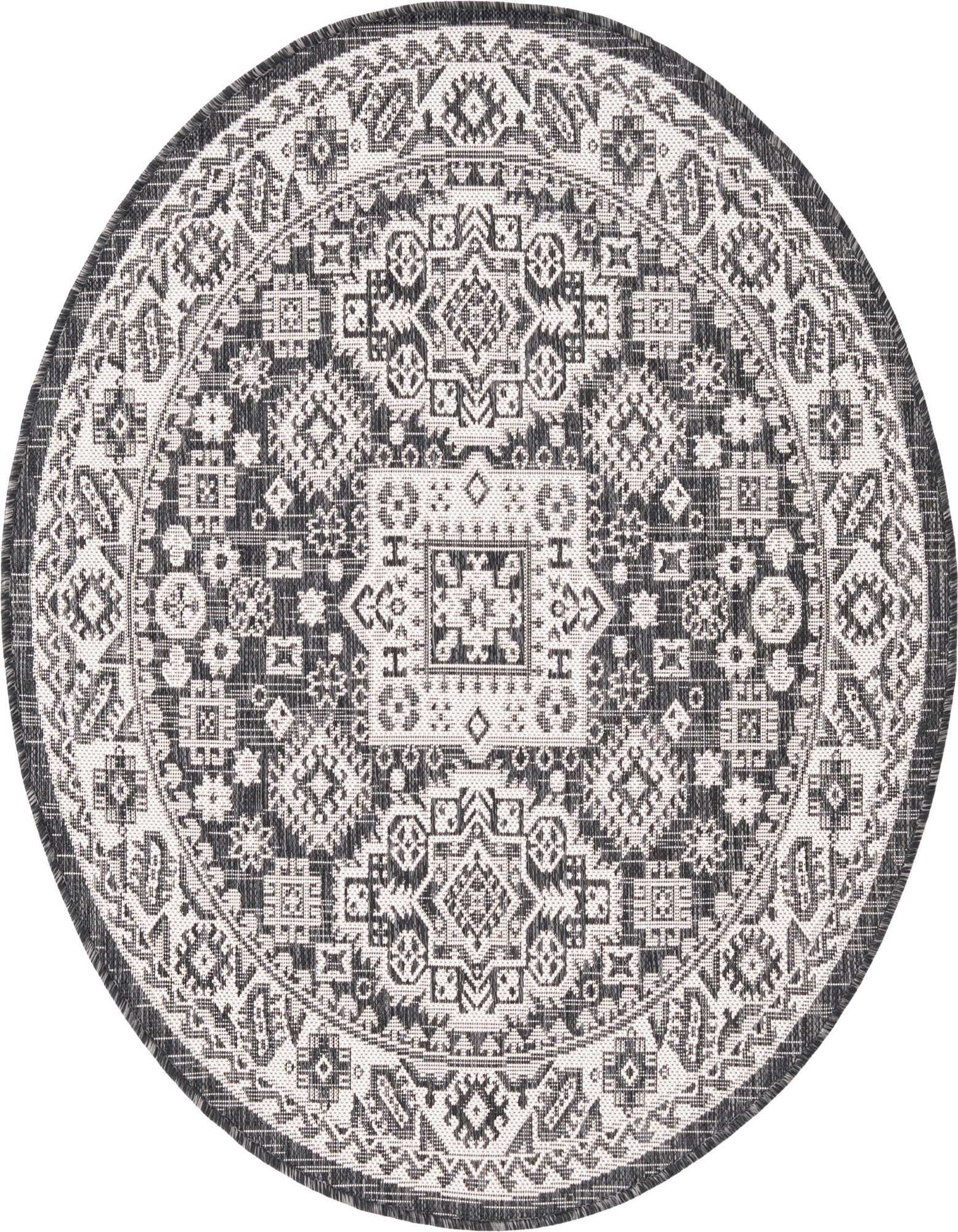 A 4' round black and gray Southwestern rug with intricate tribal patterns, ideal for indoor or outdoor use.
