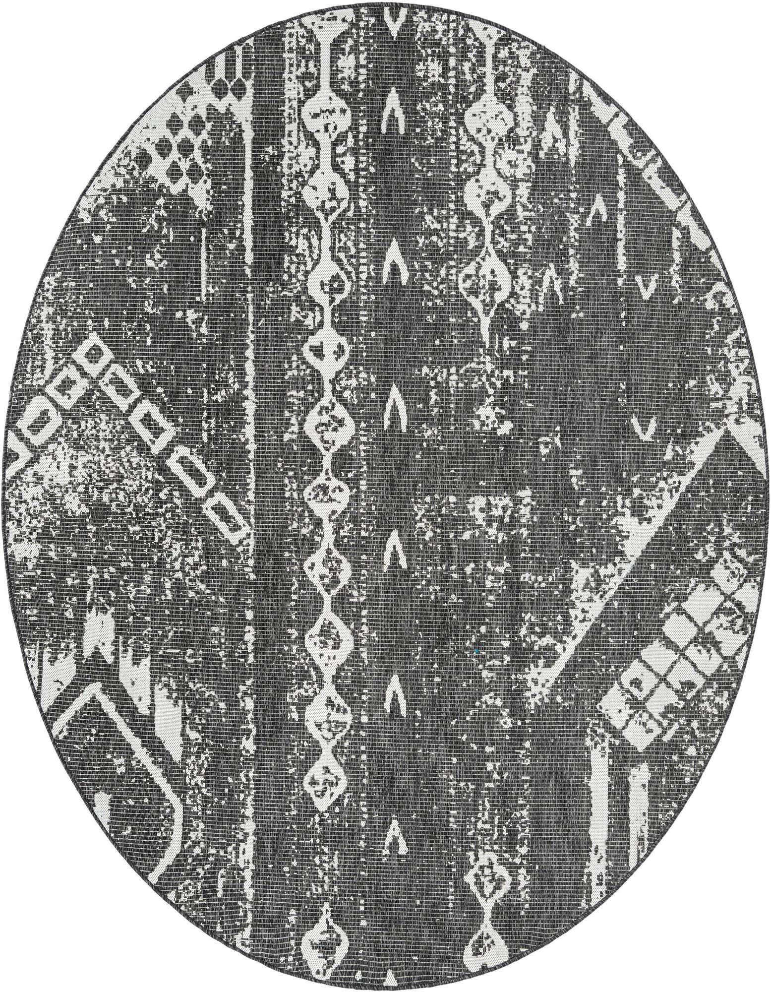 A 7' 10 round black and white modern bohemian rug with a distressed geometric pattern, suitable for a patio.