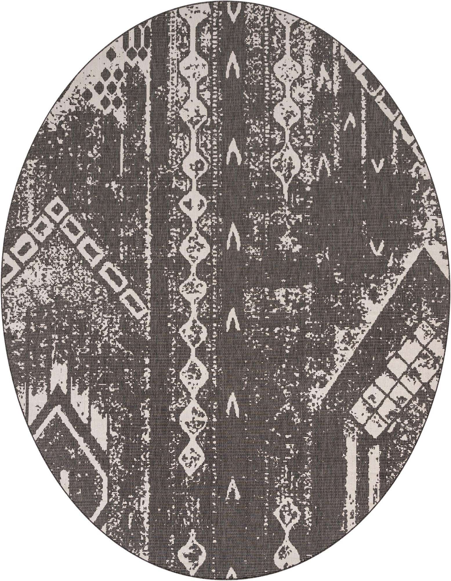 A 13' round black and gray abstract rug with distressed white geometric patterns, suitable for indoor or outdoor use.
