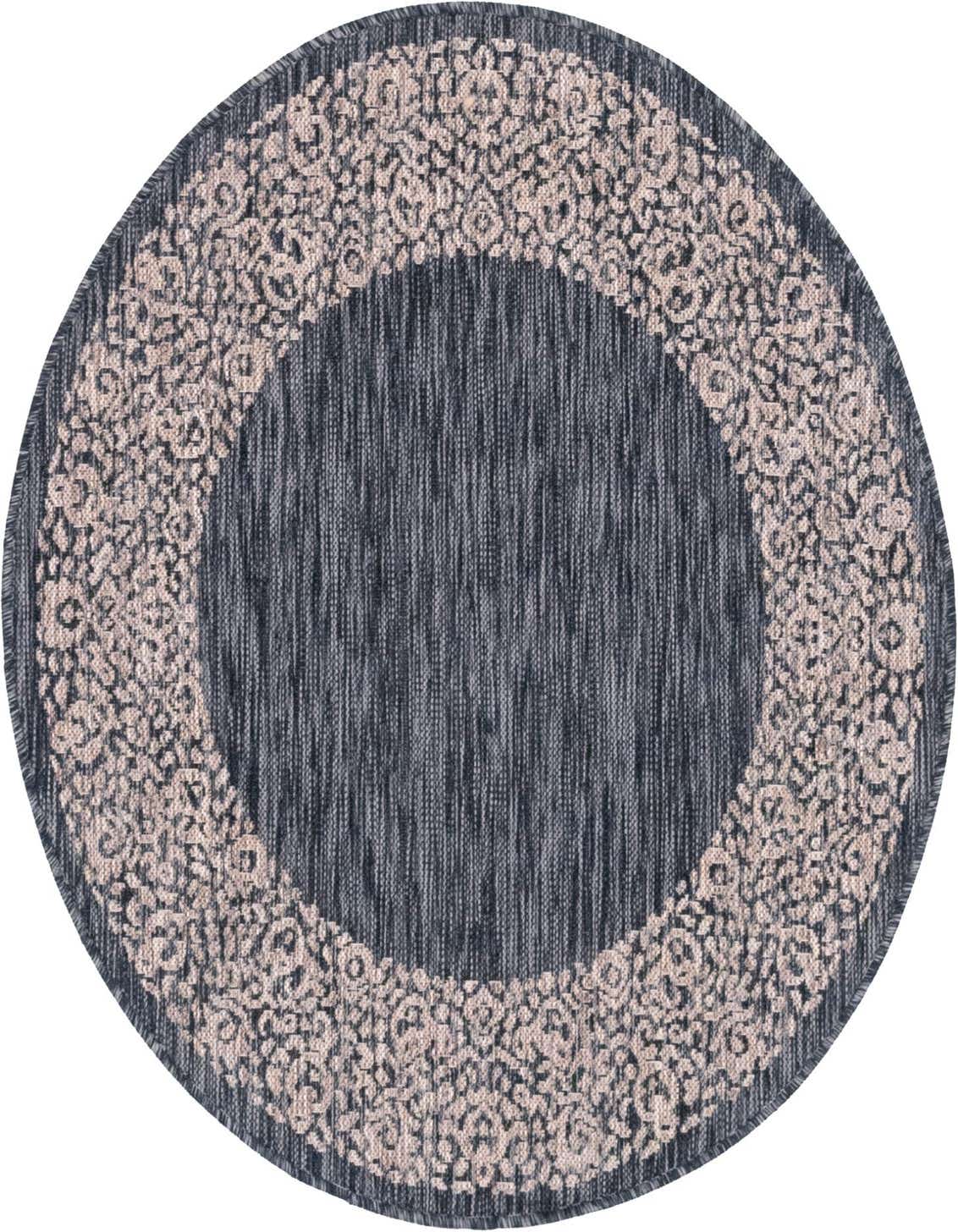 A 4' round black and gray flatweave rug with a light beige transitional border pattern, suitable for indoor or outdoor use.